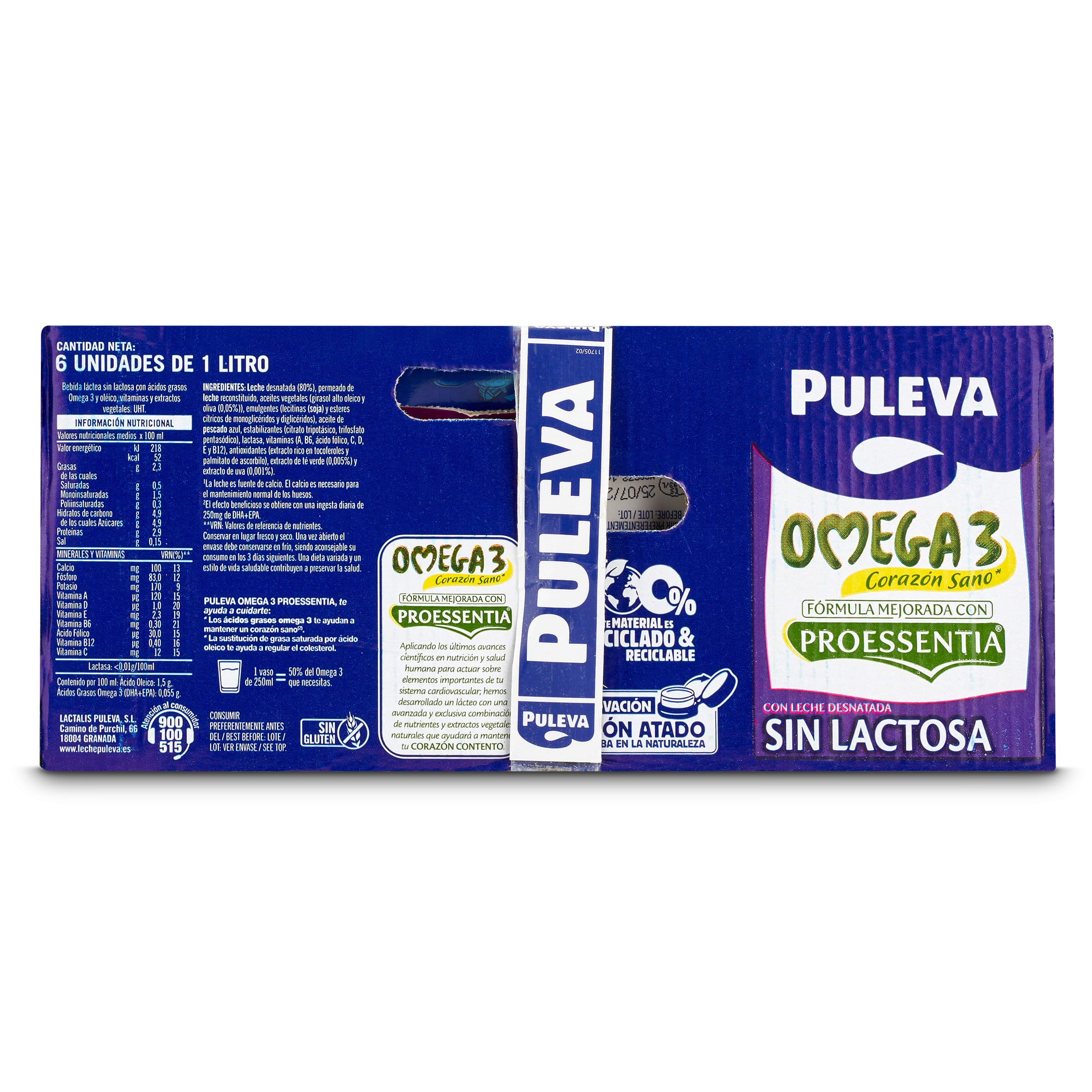 Bebida láctea omega 3 sin lactosa Puleva pack 6 x 1 L