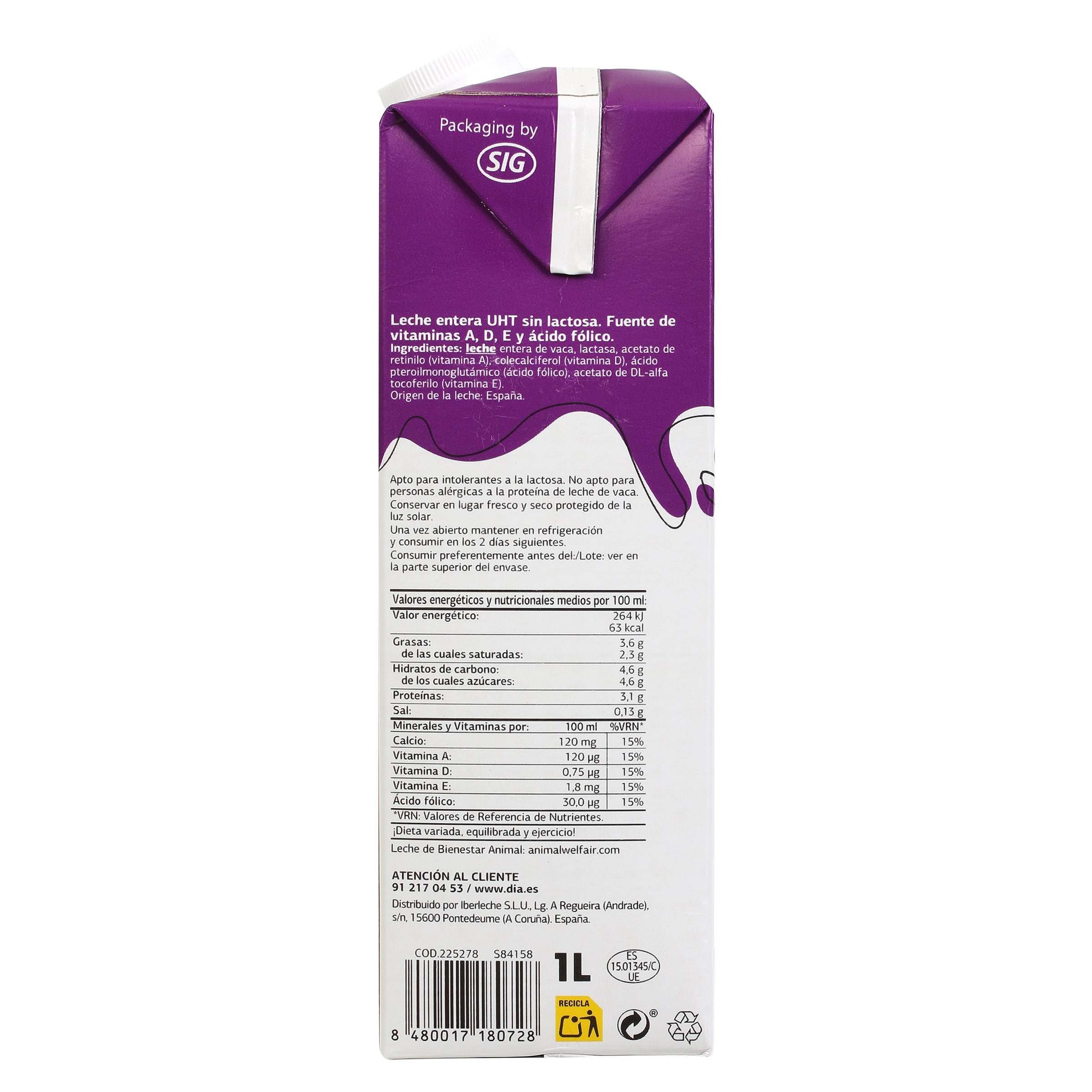 Leche entera sin lactosa Dia Láctea 1 L