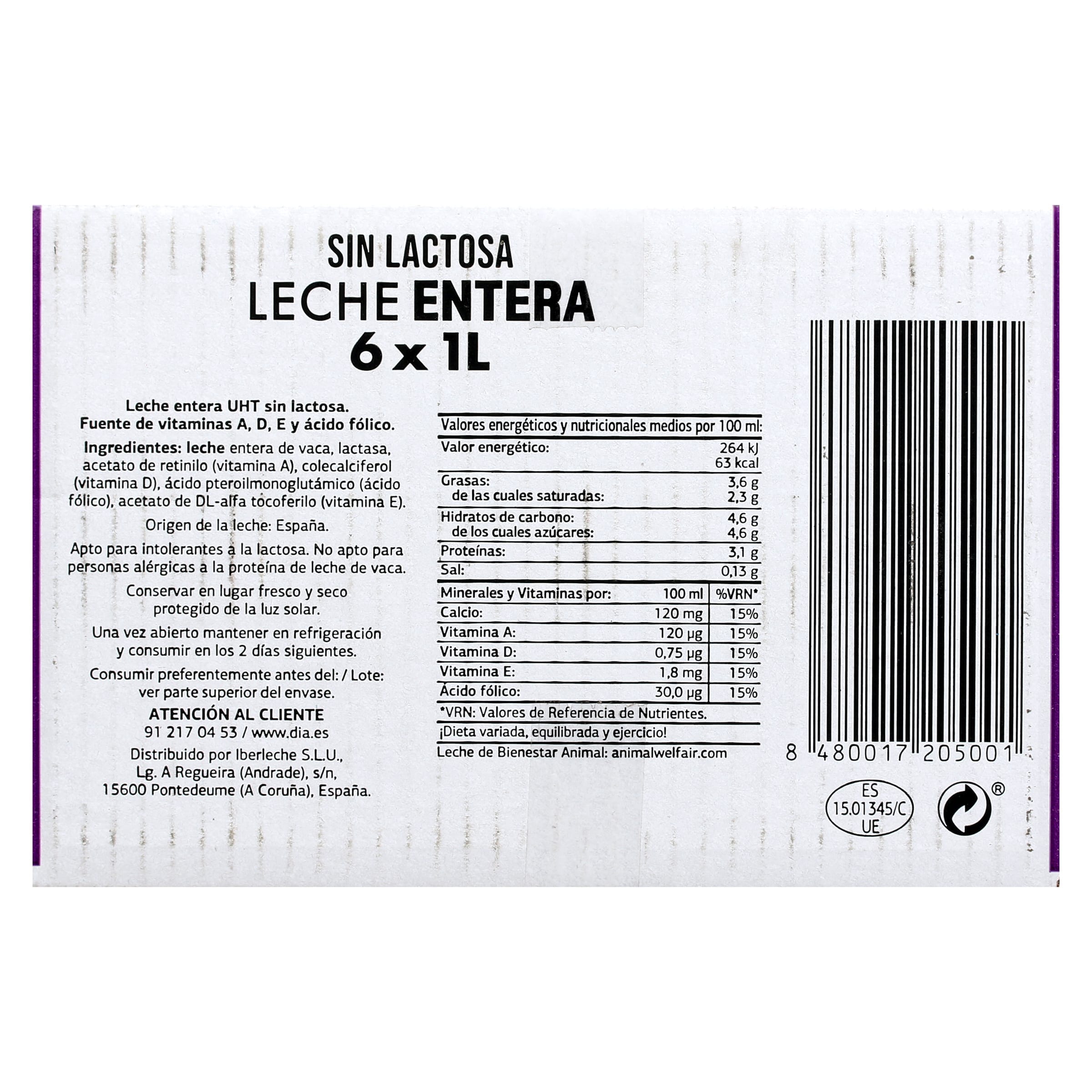 Leche entera sin lactosa Dia Láctea pack 6 x 1 L