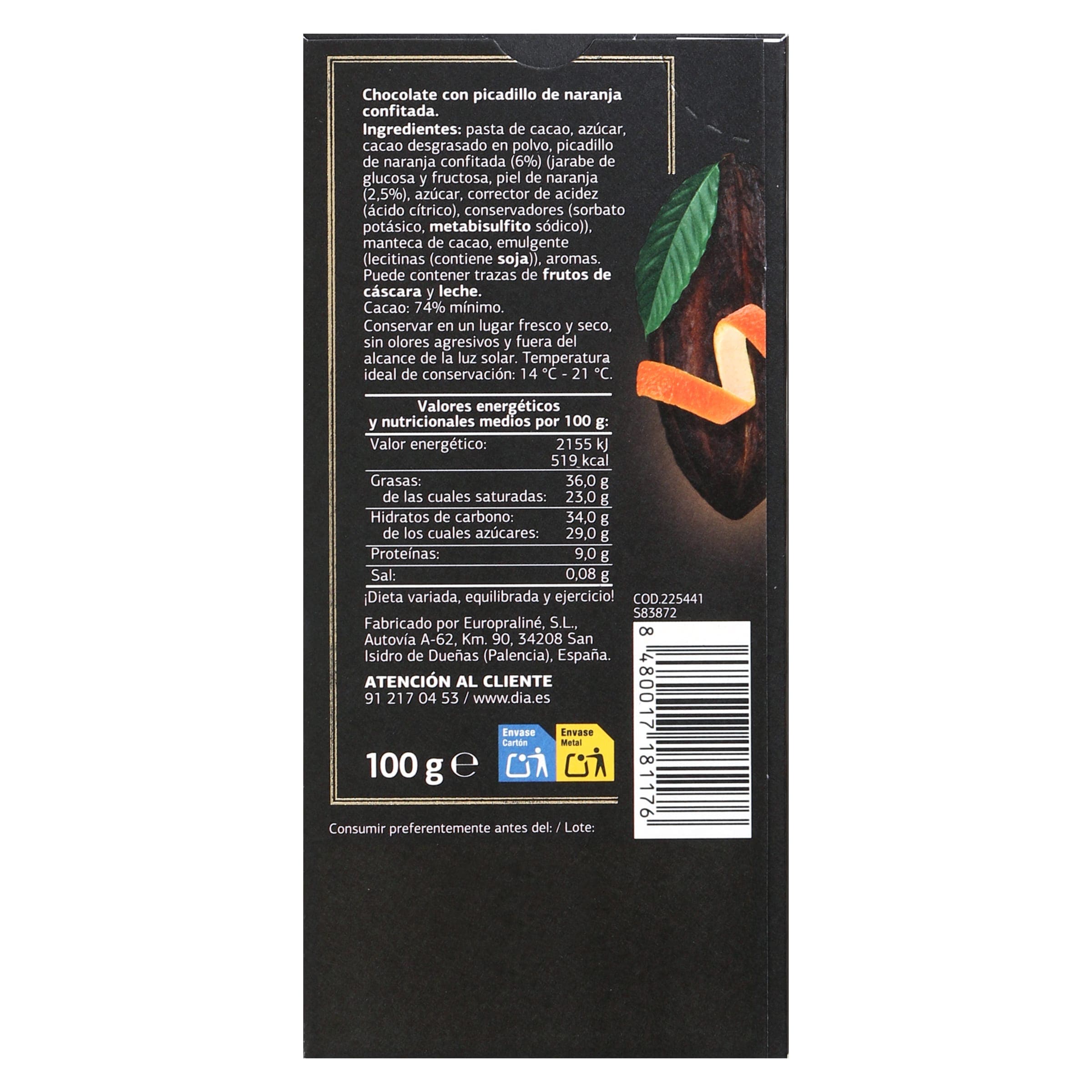 Chocolate negro 74% cacao con naranja confitada Dia Temptation 100 g