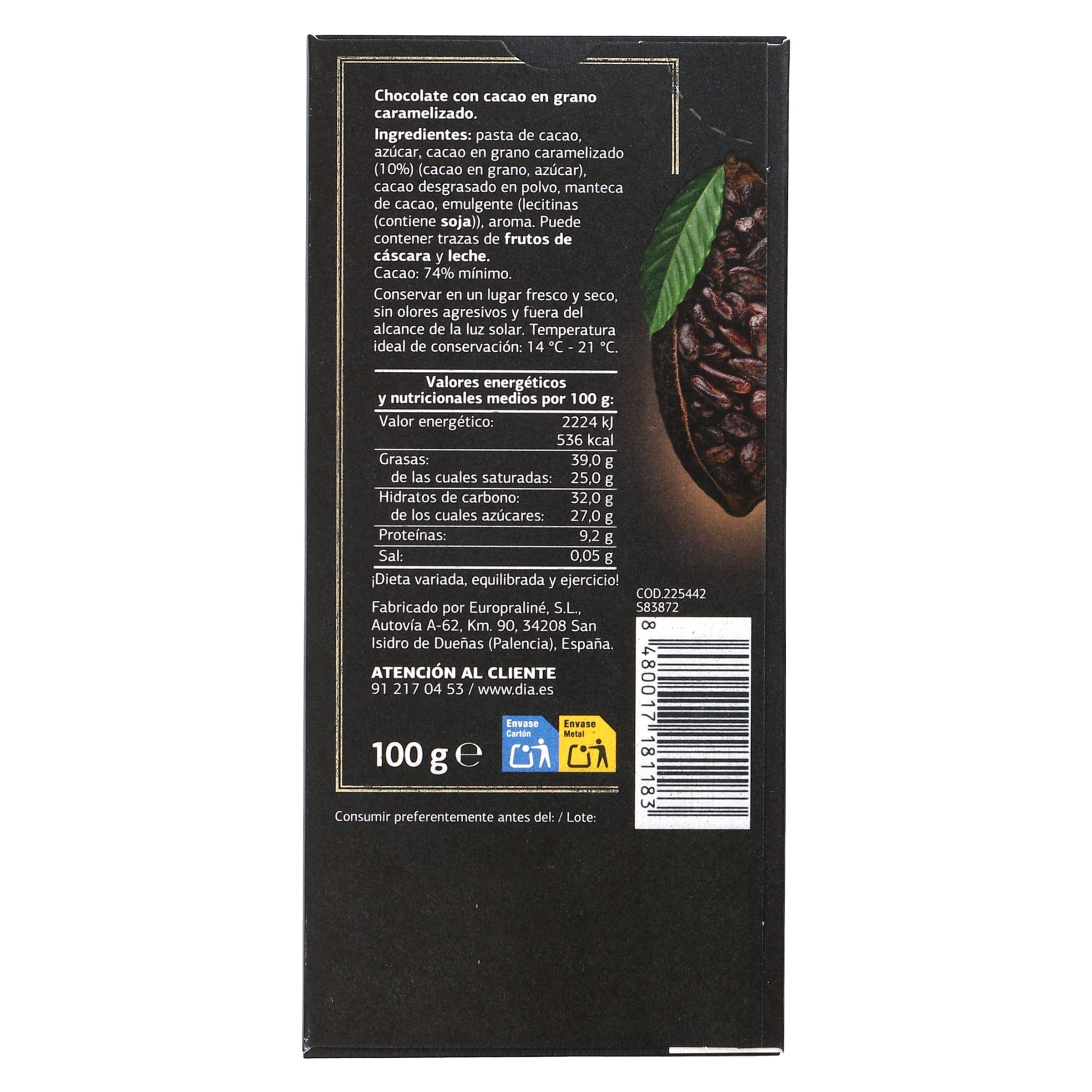 Chocolate negro 74% con cacao caramelizado Dia Temptation 100 g