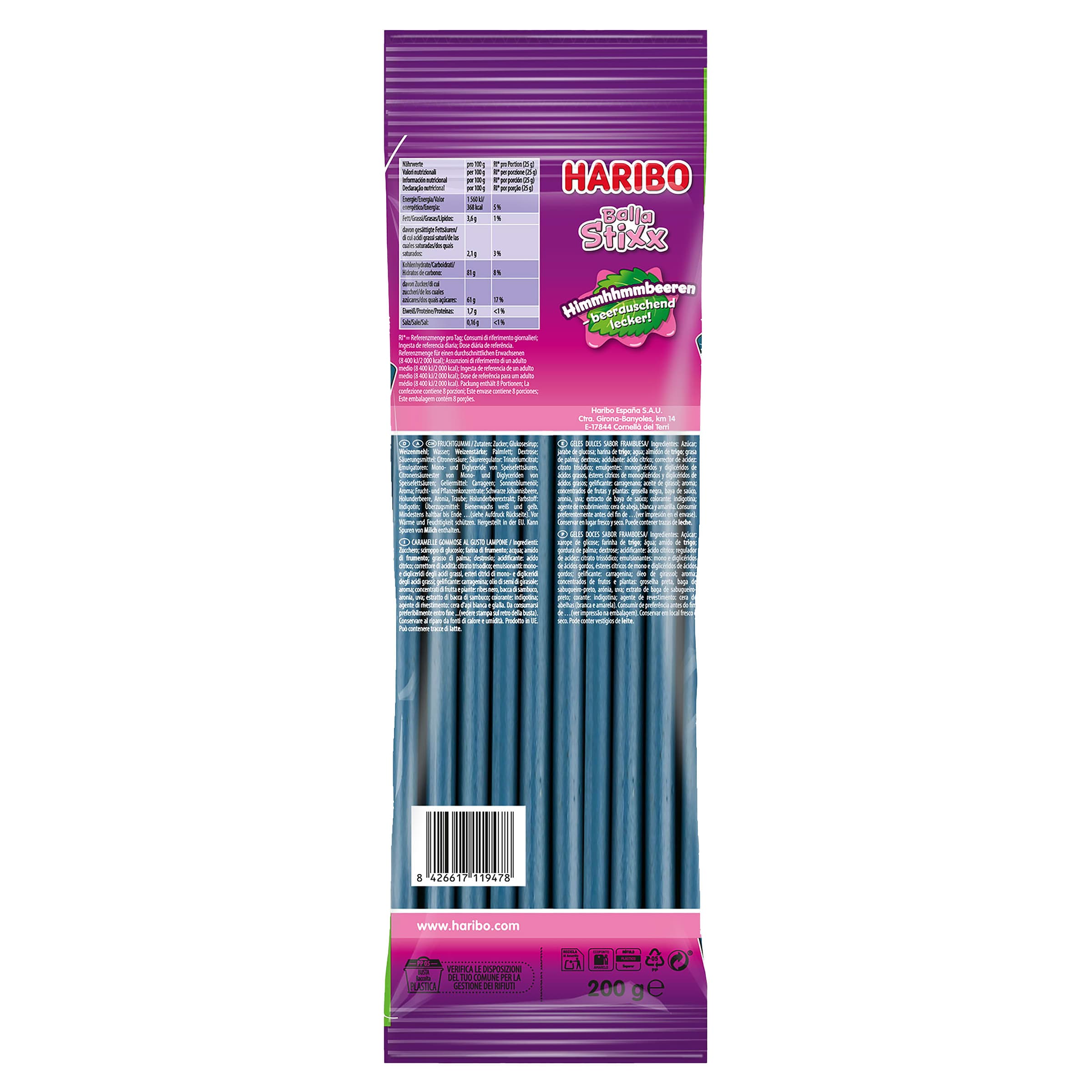 Golosinas balla stixx sabor frambuesa Haribo 200 g