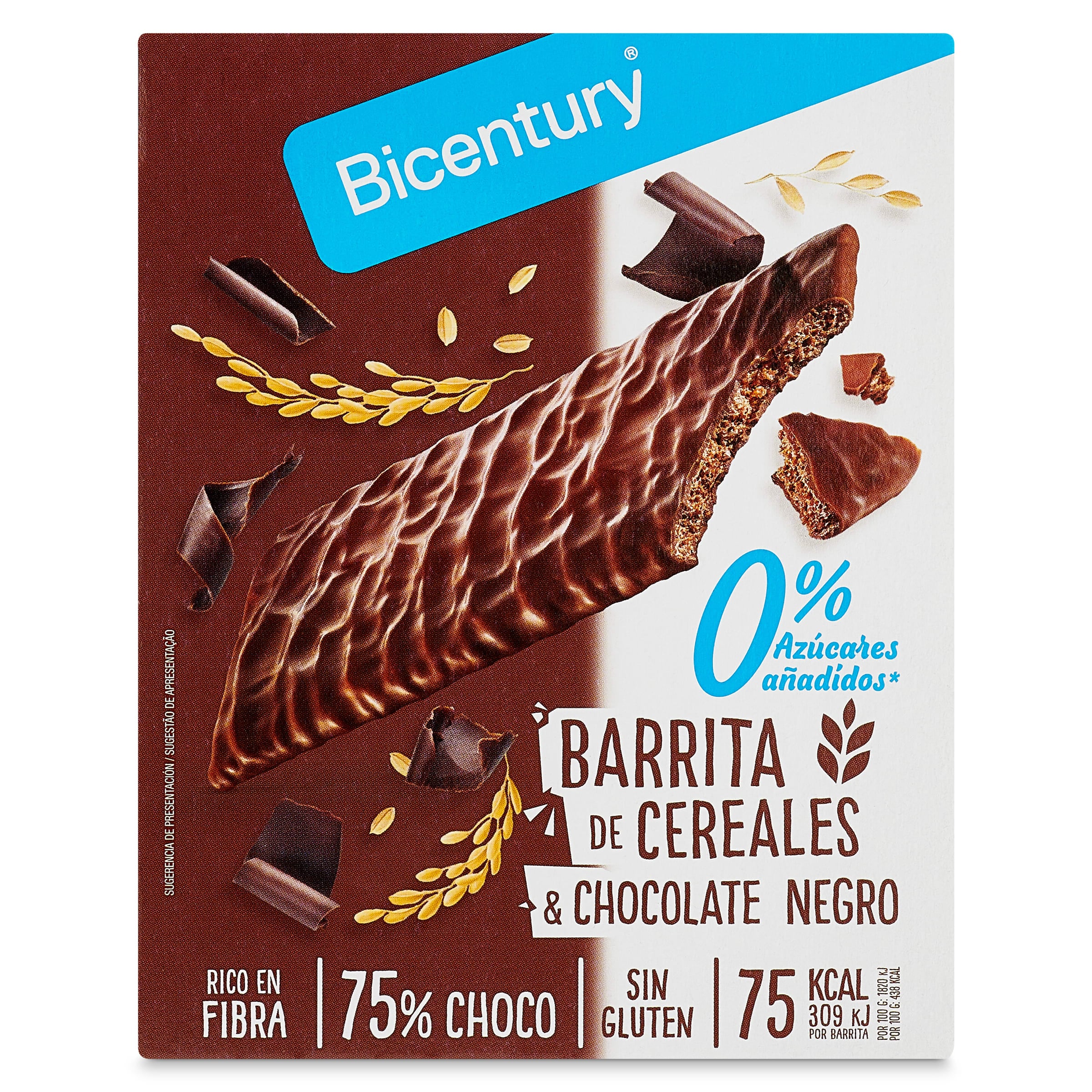 Barritas de cereales bañadas con chocolate negro sin azúcares Bicentury 102 g