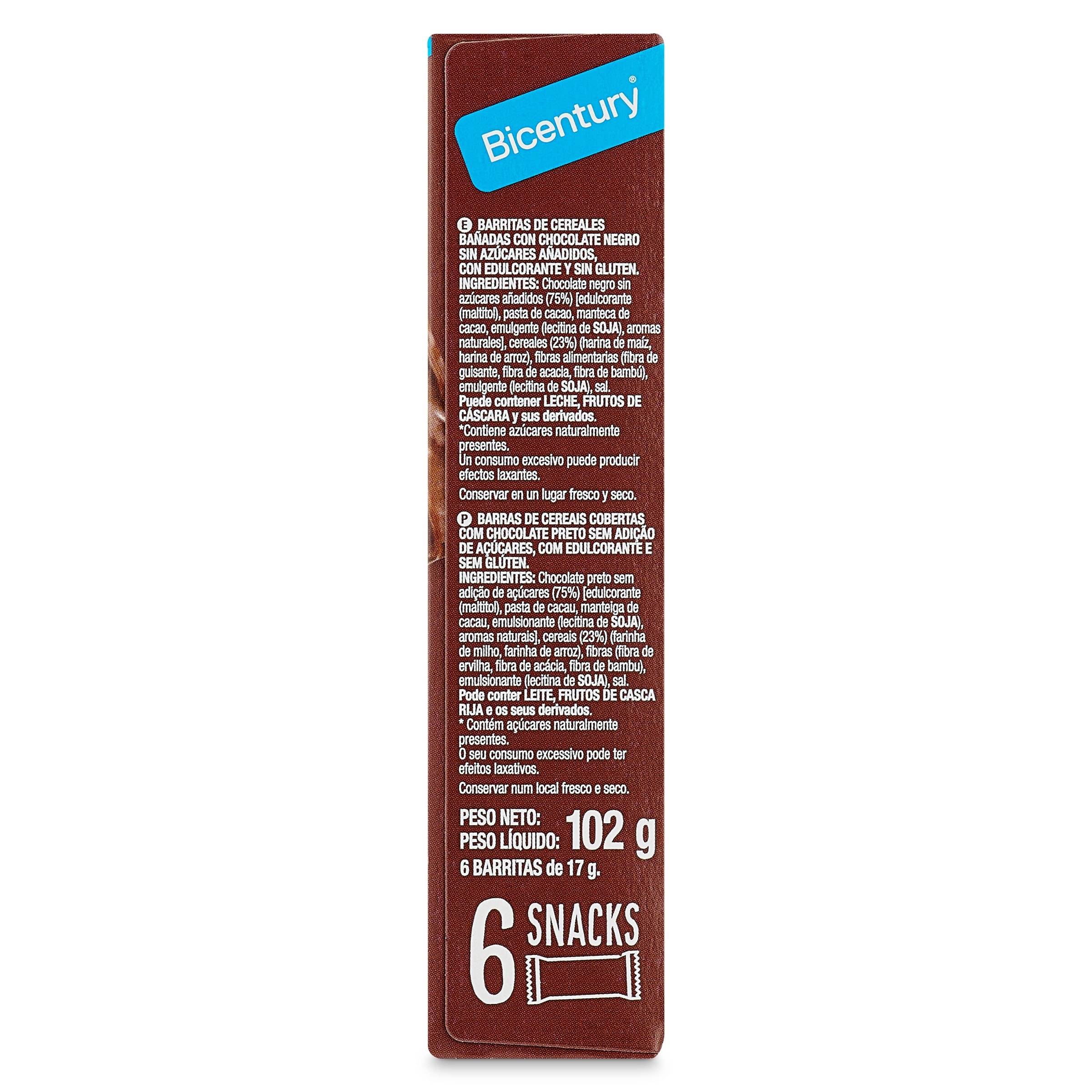 Barritas de cereales bañadas con chocolate negro sin azúcares Bicentury 102 g