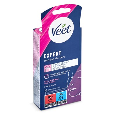 Bandas de cera depilatoria facial piel normal Veet caja 16 unidades-0 Bandas de cera depilatoria facial piel normal Veet caja 16 unidades-0