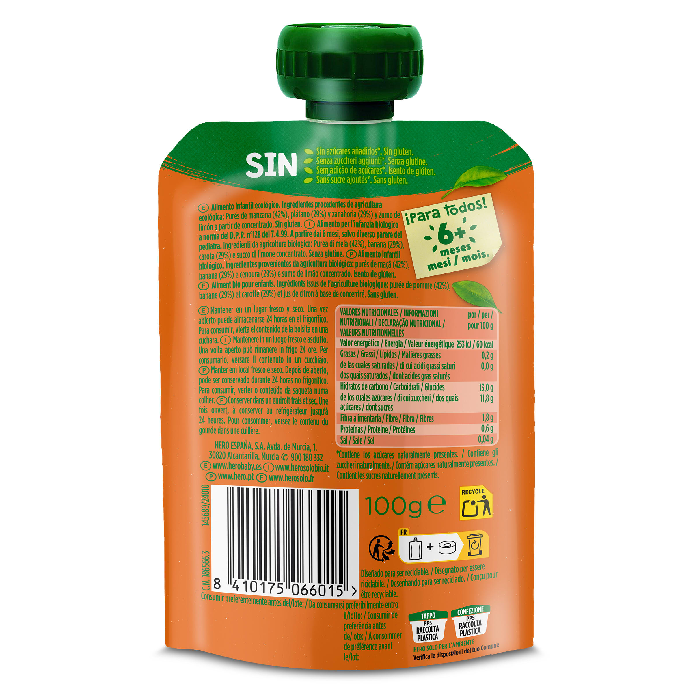 Alimento infantil con puré manzana, plátano y zanahoria 100% ecológica Hero 100 g