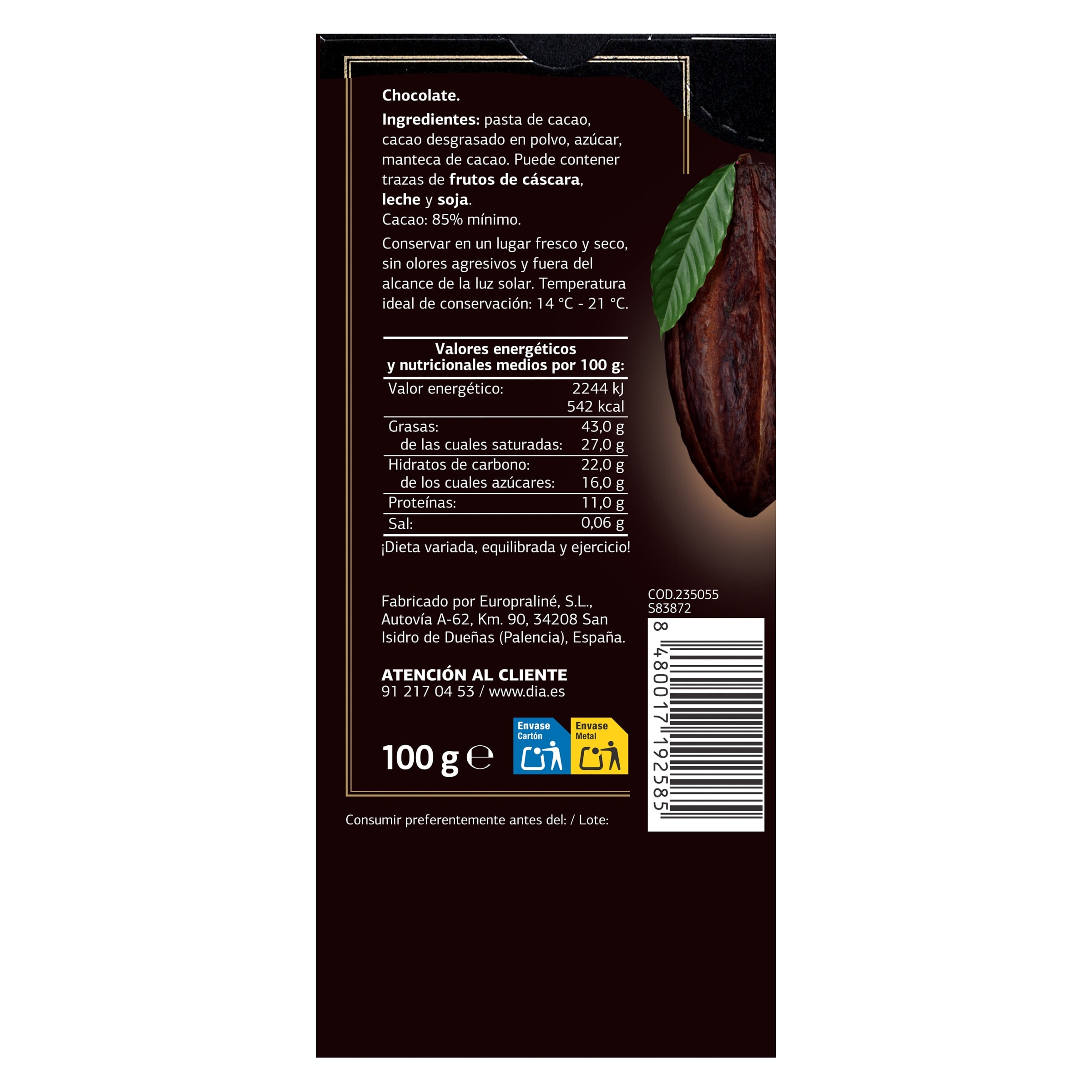 Chocolate negro 85% cacao Dia Temptation 100 g