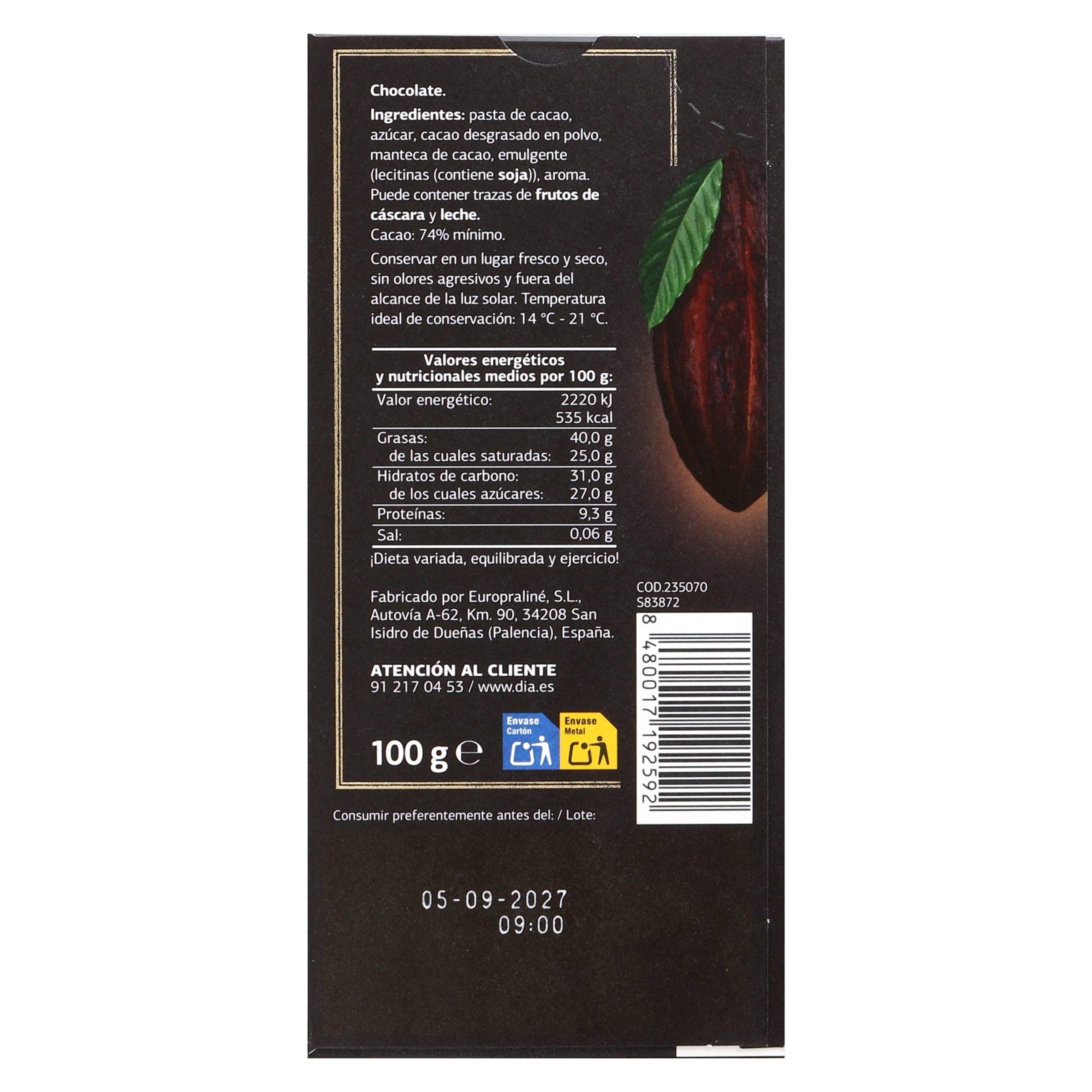 Chocolate negro 74% cacao Dia Temptation 100 g