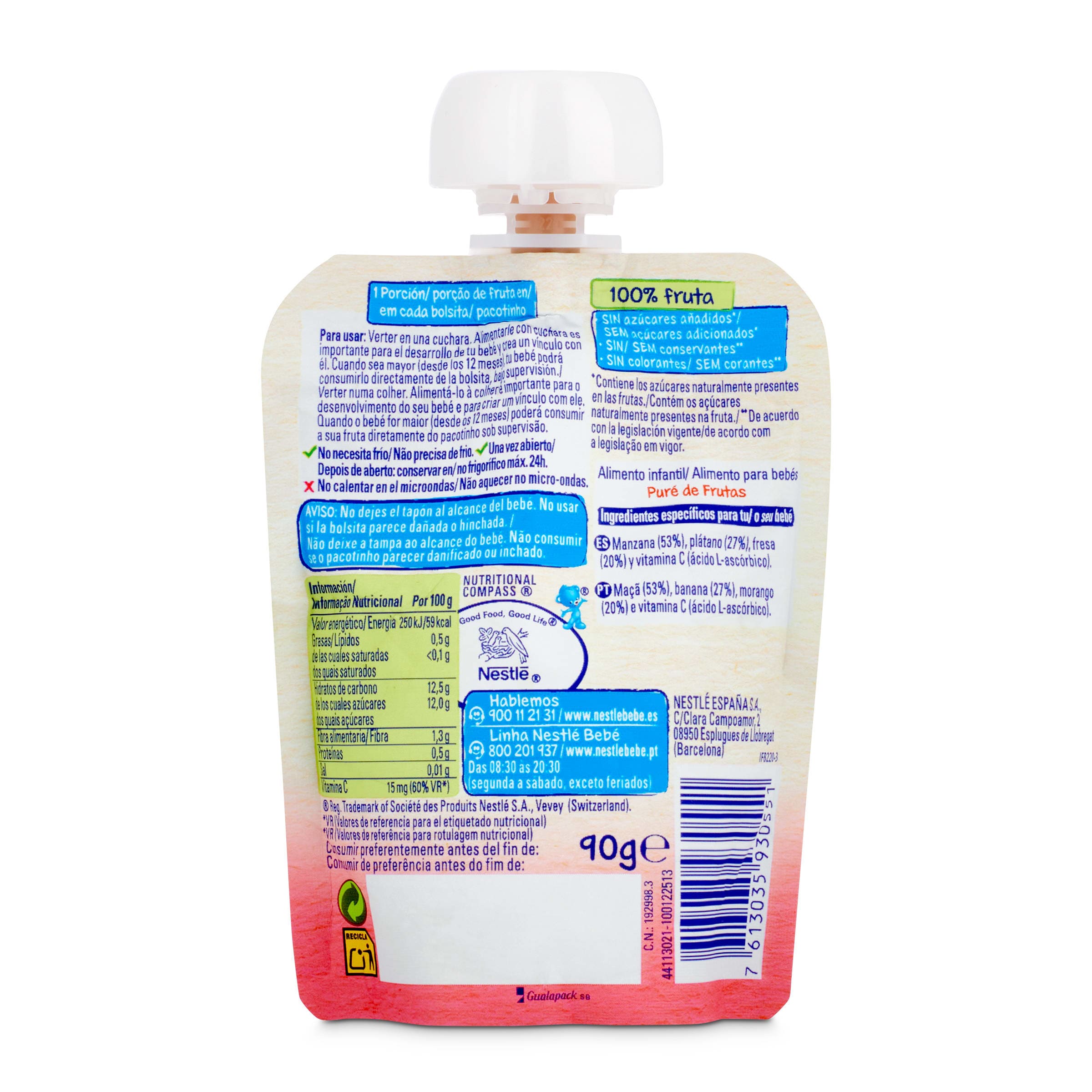 Alimento infantil con puré de manzana, plátano y fresa Nestlé Naturnes 90 g