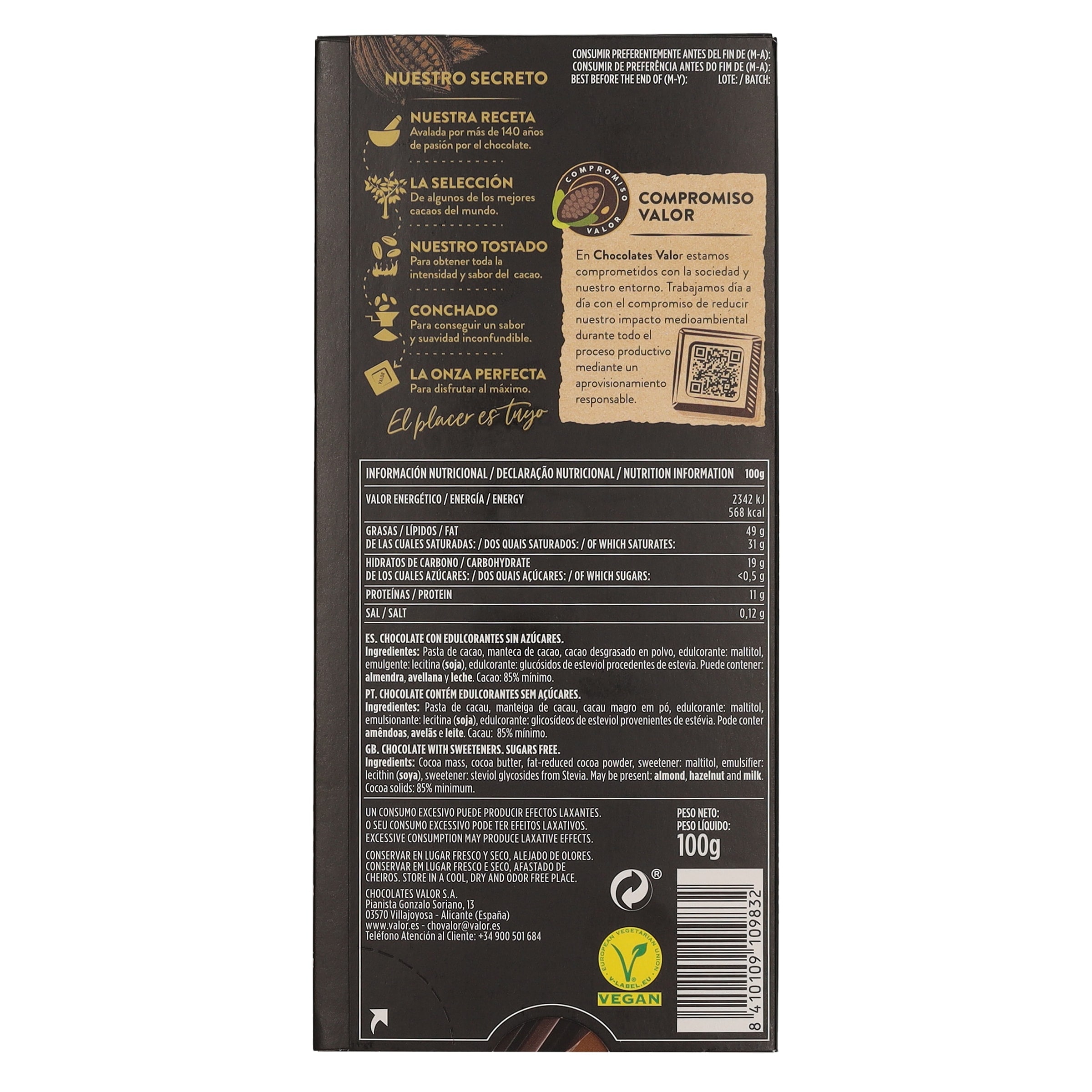 Chocolate negro 85% cacao sin azúcar añadido Valor 100 g