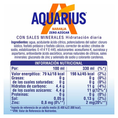 Bebida refrescante de naranja zero azúcar Aquarius lata 330 ml-1