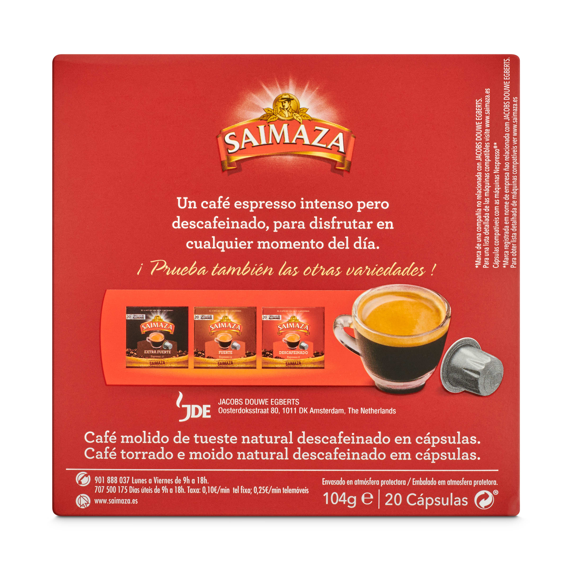 Cápsulas de café espresso descafeinado Saimaza 20 unidades