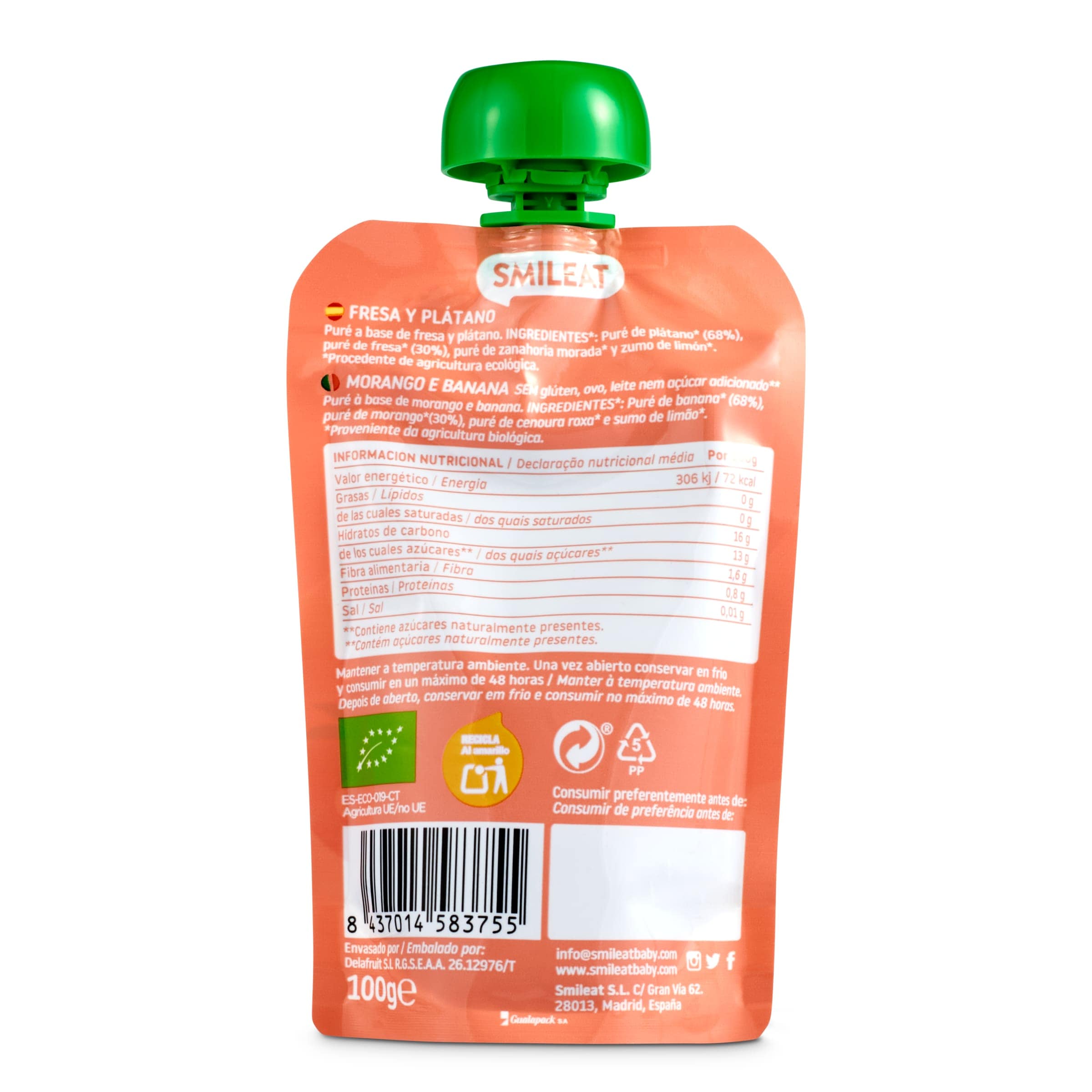 Alimento infantil con puré de fresa y plátano Smileat 100 g