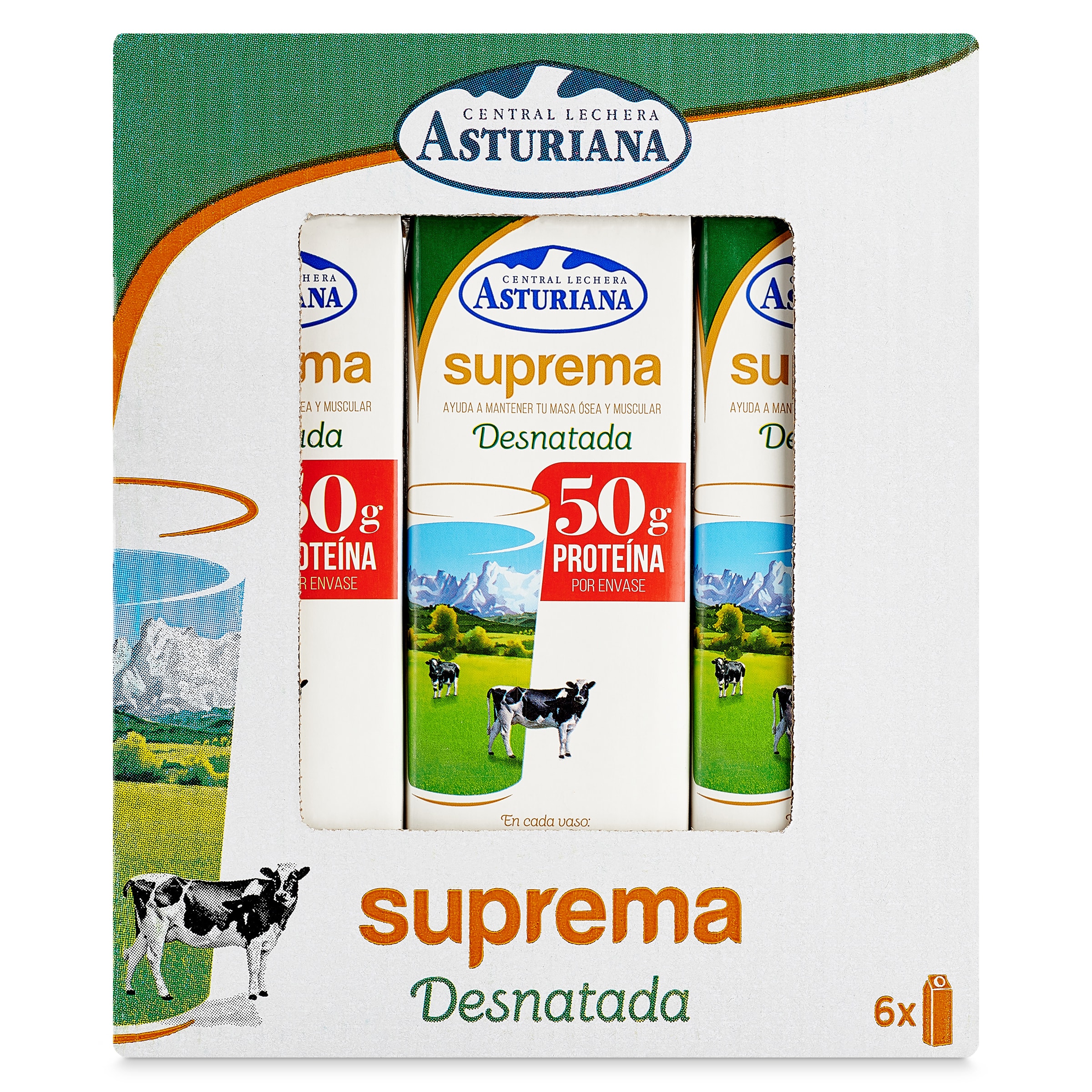 Leche desnatada suprema Asturiana pack 6 x 1 L