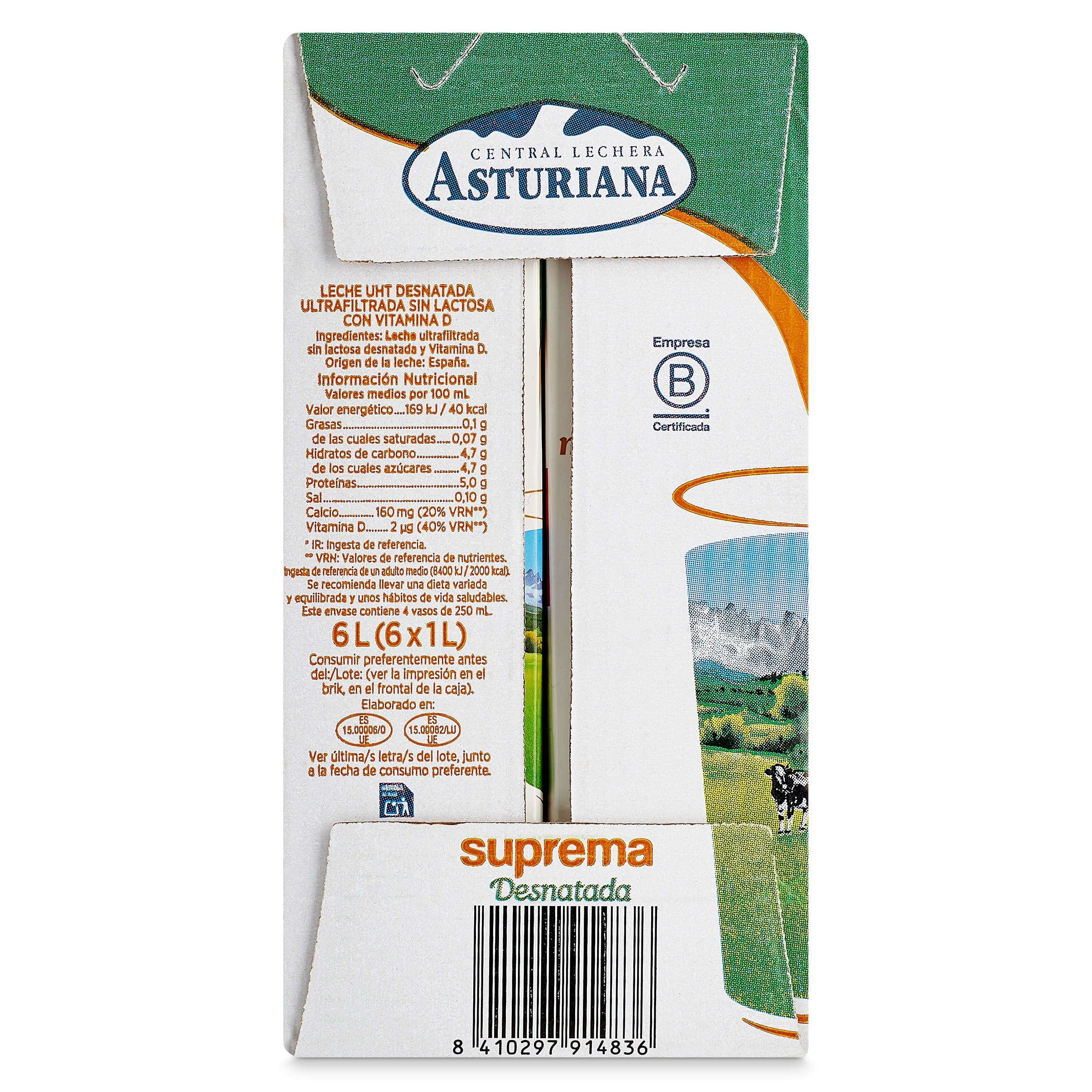 Leche desnatada suprema Asturiana pack 6 x 1 L
