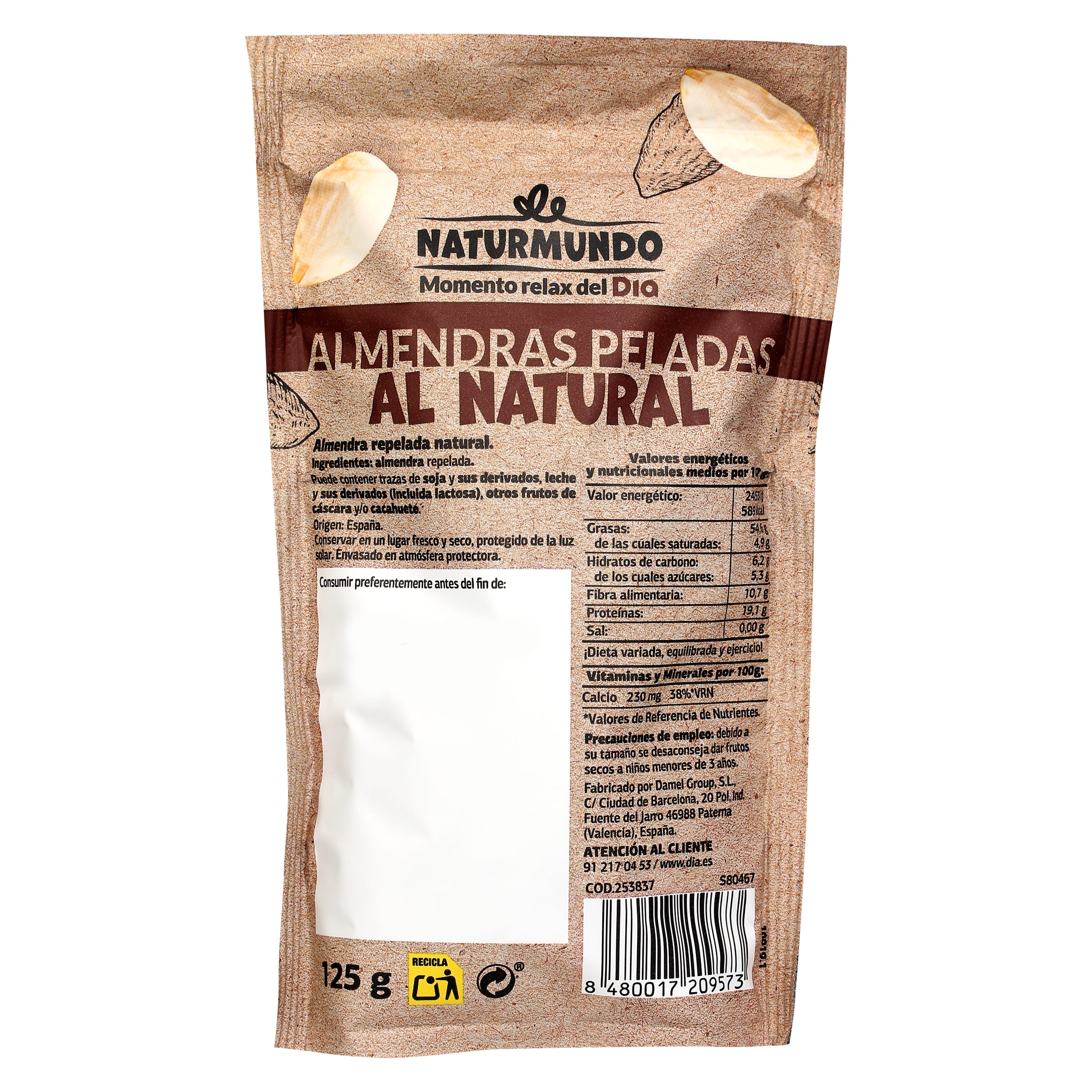 Almendras peladas al natural Dia Naturmundo 125 g