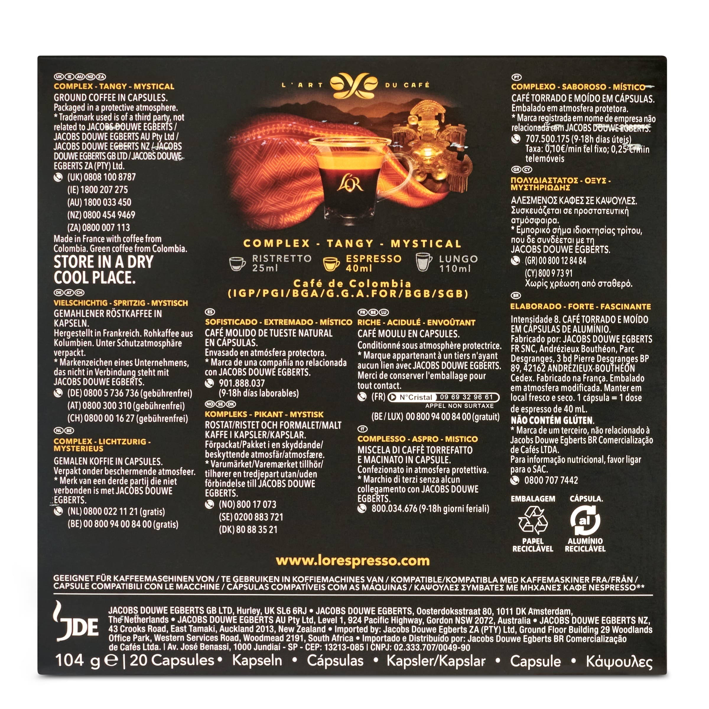 Cápsulas de café Colombia L'Or 20 unidades