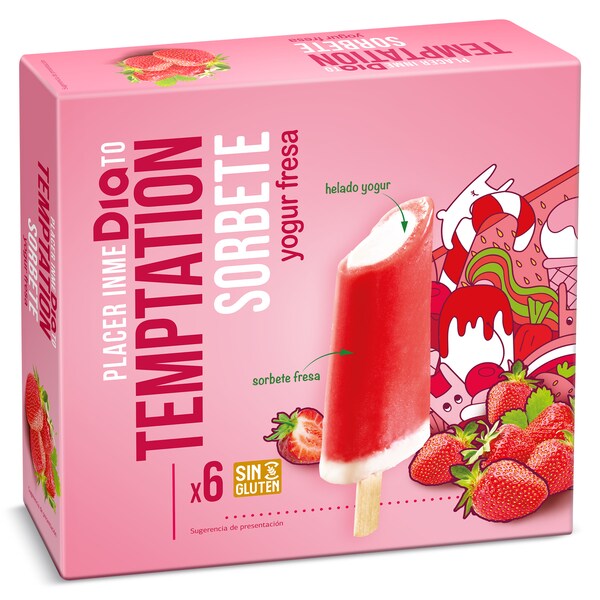 Helado De Yogur Sabor Fresa Y Frambuesa 6 Uds. Temptation Caja 258 Gr.