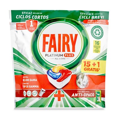 Lavavajillas máquina platinum plus limón Fairy bolsa 16 unidades-0 Lavavajillas máquina platinum plus limón Fairy bolsa 16 unidades-0