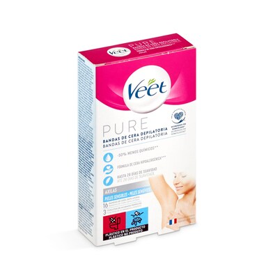 Bandas de cera depilatoria para axilas piel sensible Veet caja 12 unidades-0
