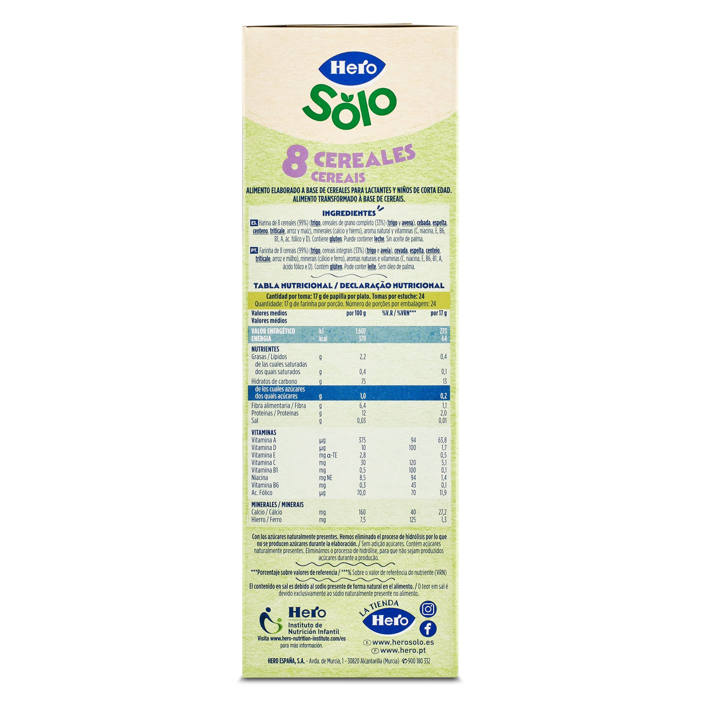 Papilla 8 cereales sin azúcares añadidos Hero Baby 410 g