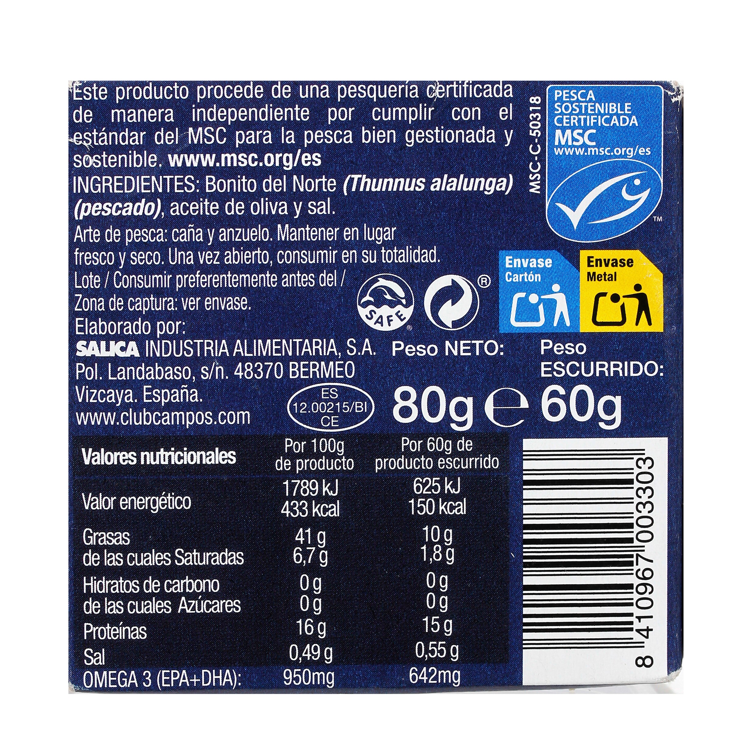 Bonito del norte en aceite de oliva MSC Campos 60 g