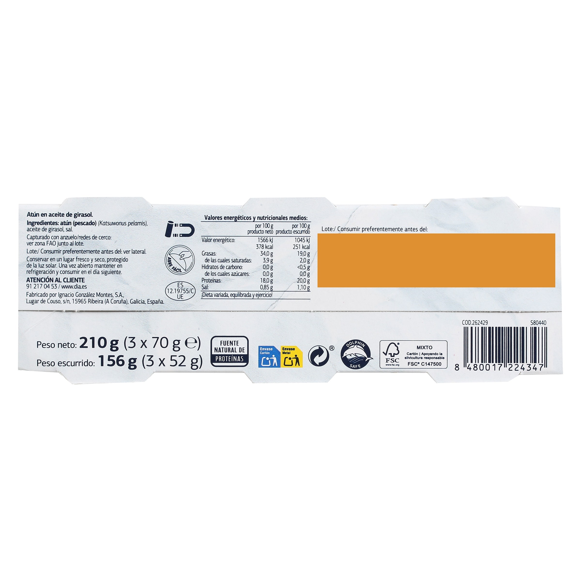 Atún en aceite de girasol Dia Mari Marinera 3 x 52 g
