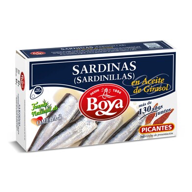 Sardinas picantes en aceite vegetal 6/8 piezas Boya lata 63 g-0 Sardinas picantes en aceite vegetal 6/8 piezas Boya lata 63 g-0