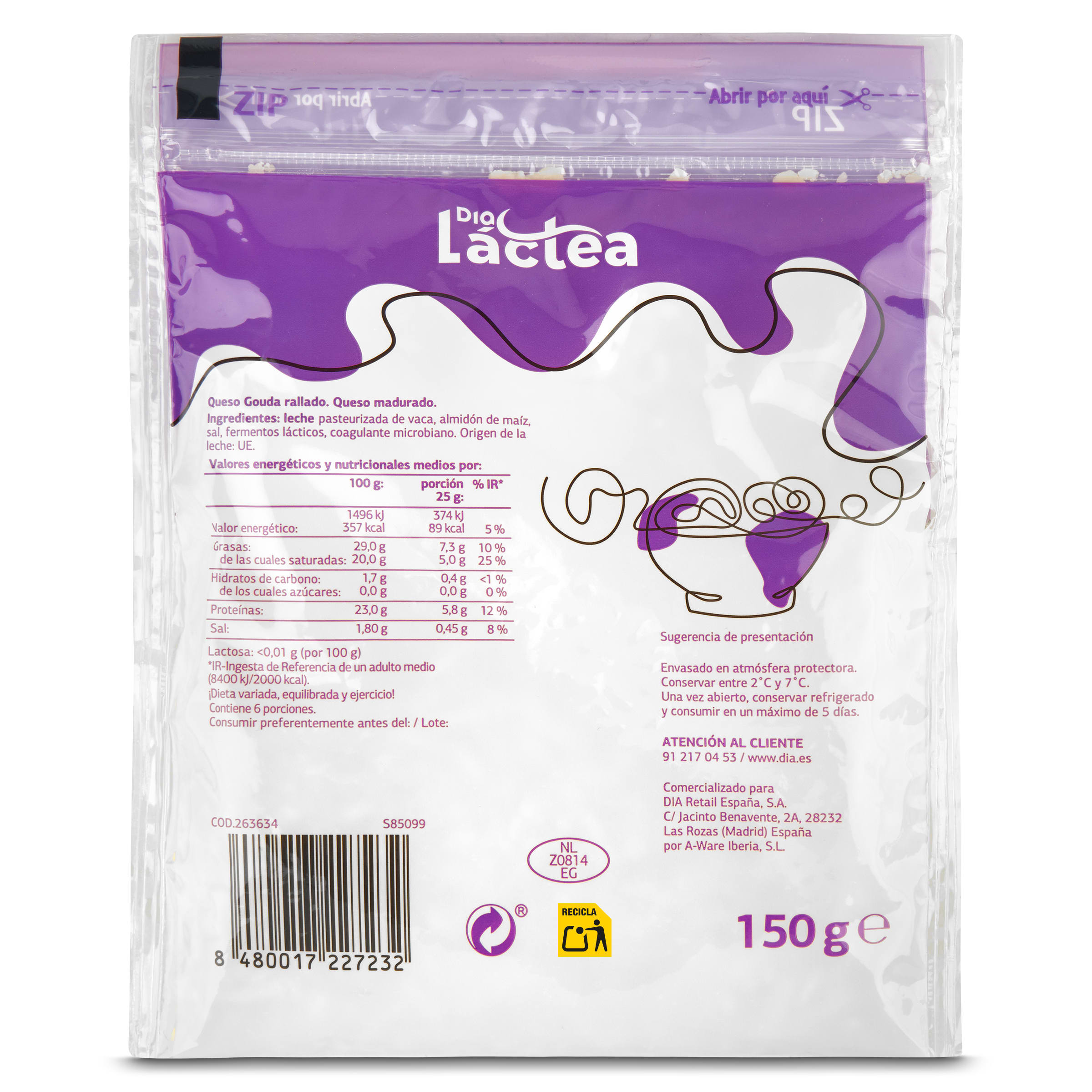 Queso rallado sin lactosa Dia Láctea 150 g