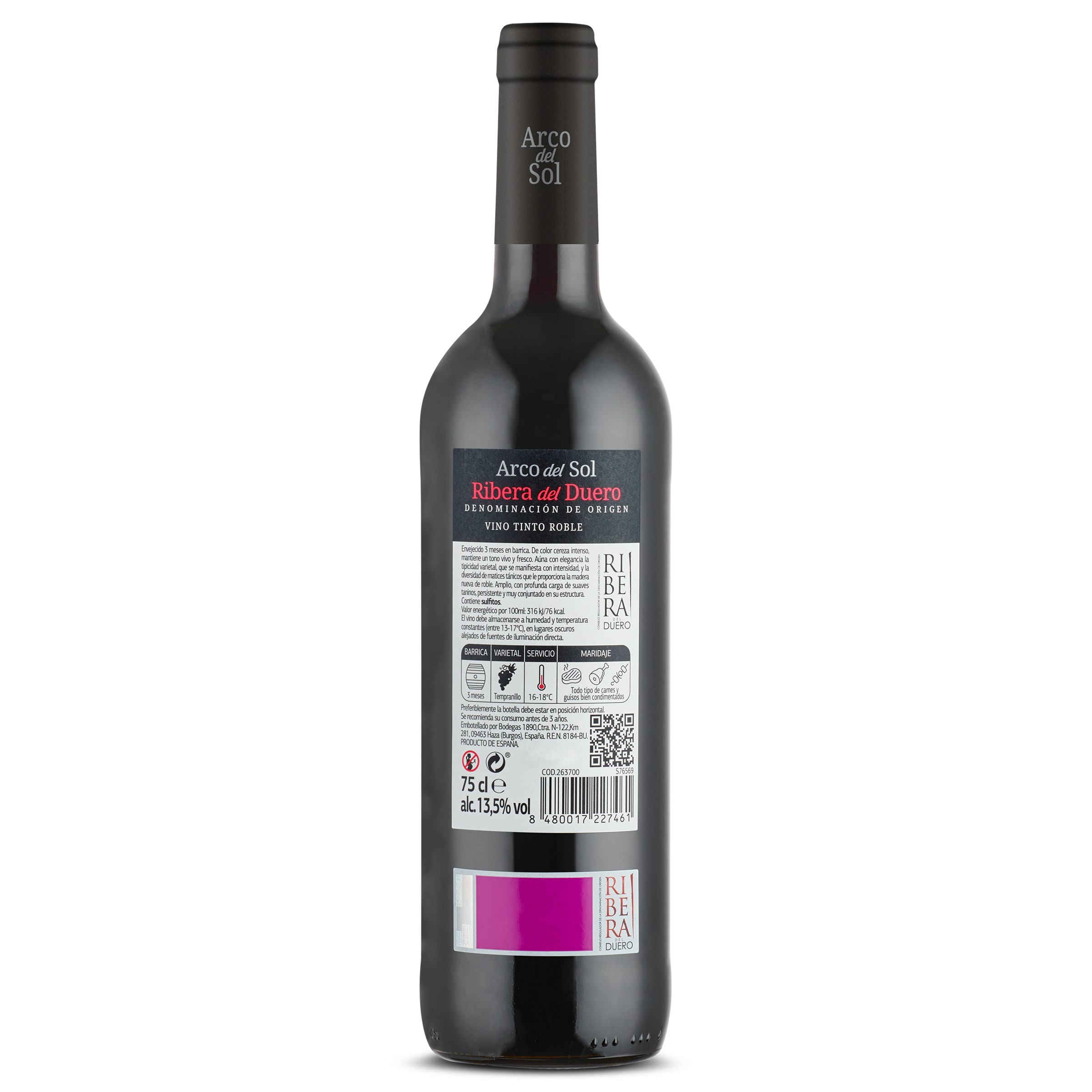 Vino tinto roble D.O. Ribera del Duero Arco del Sol 75 cl