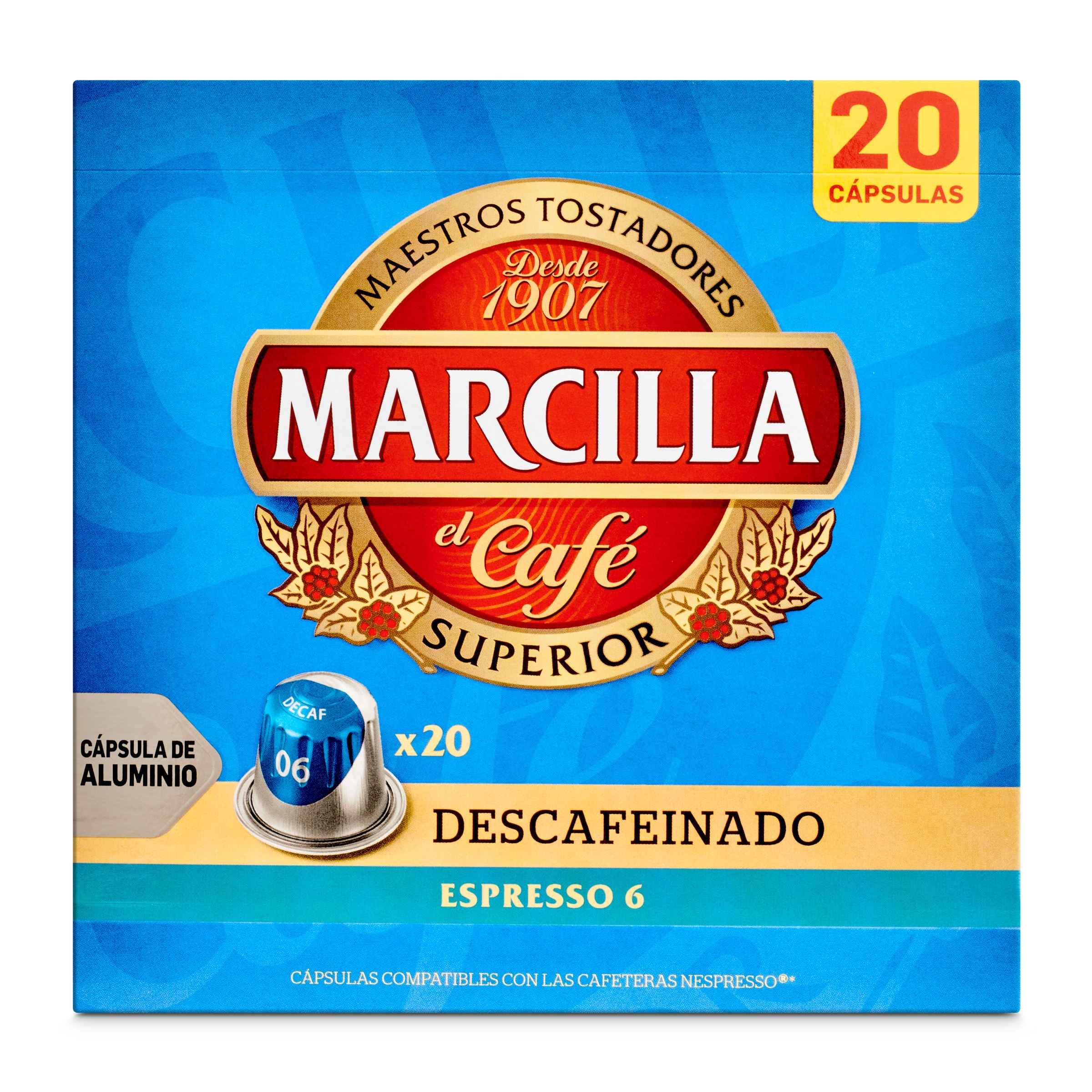 Cápsulas de café espresso descafeinado Marcilla 20 unidades