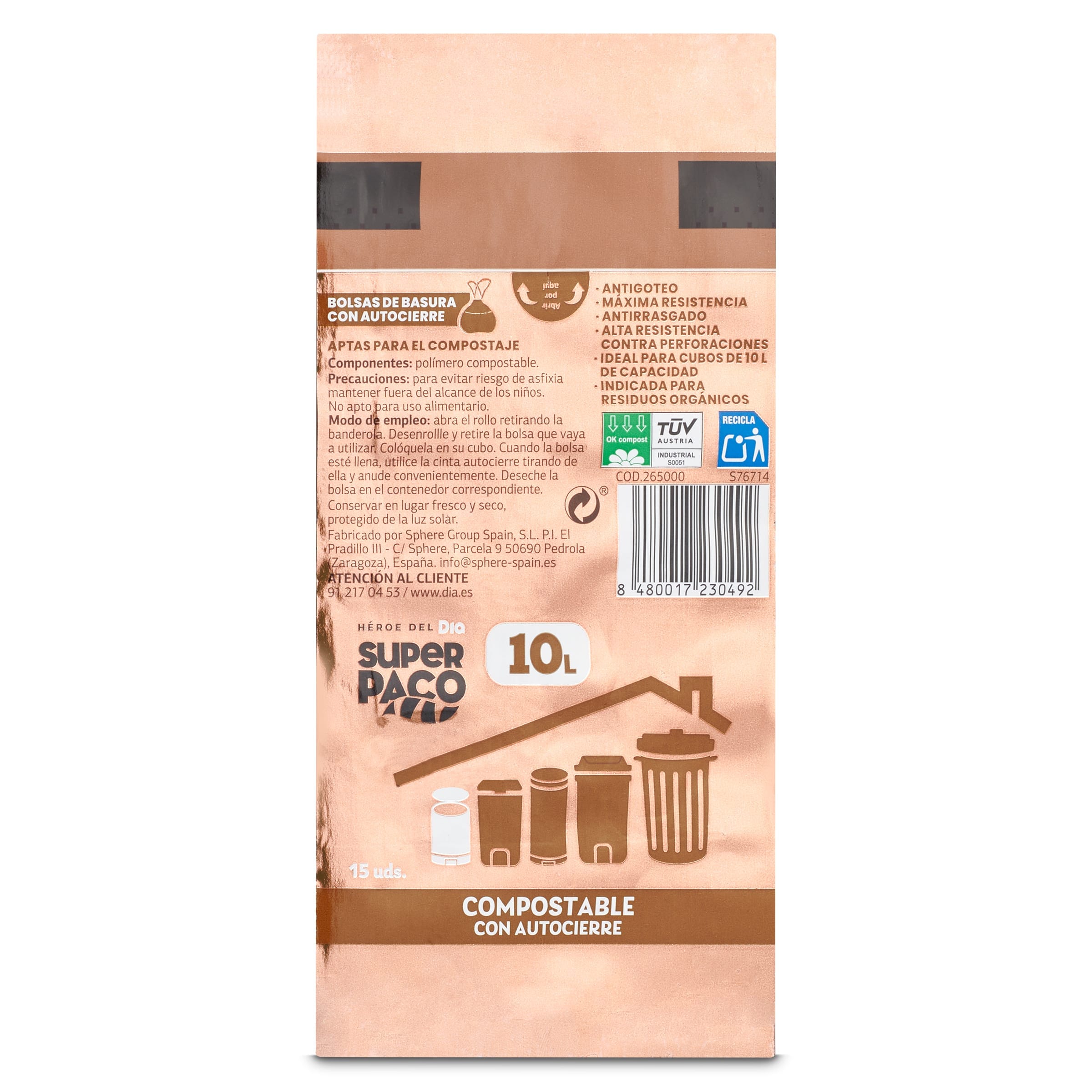 Bolsa de basura 10 L compostable con autocierre Dia Super Paco 15 unidades