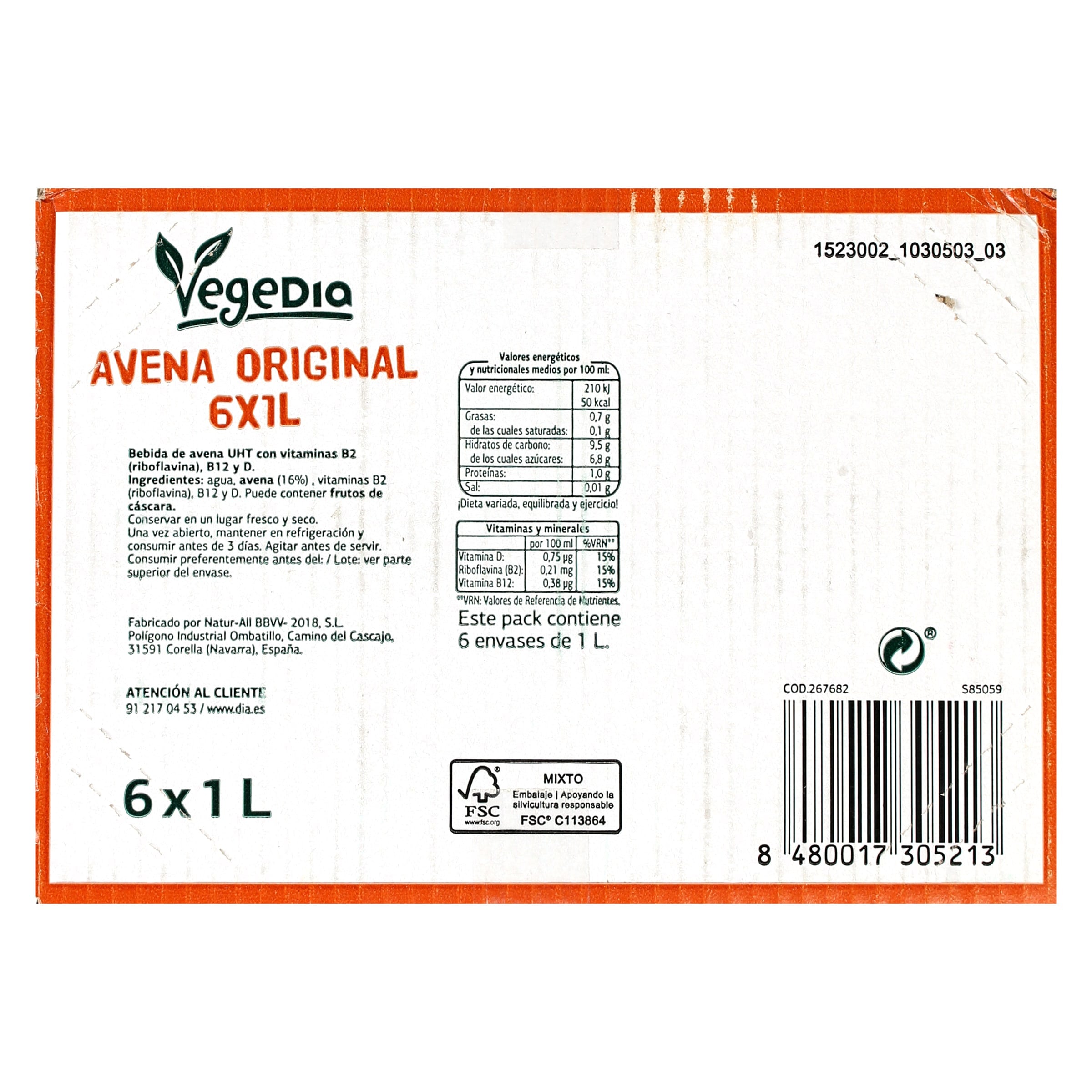Bebida de avena Dia Vegedia pack 6 x 1 L