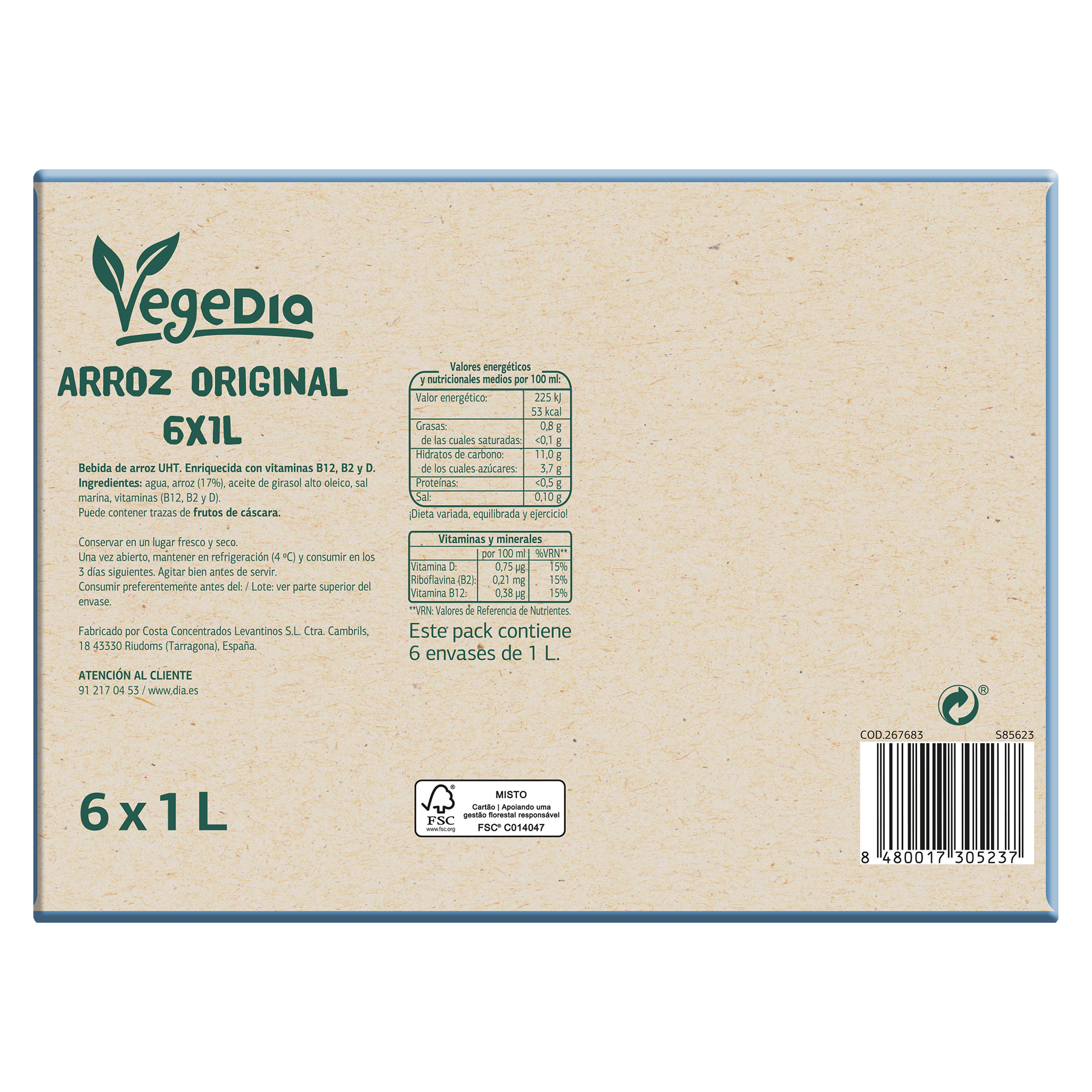Bebida de arroz Dia Vegedia pack 6 x 1 L