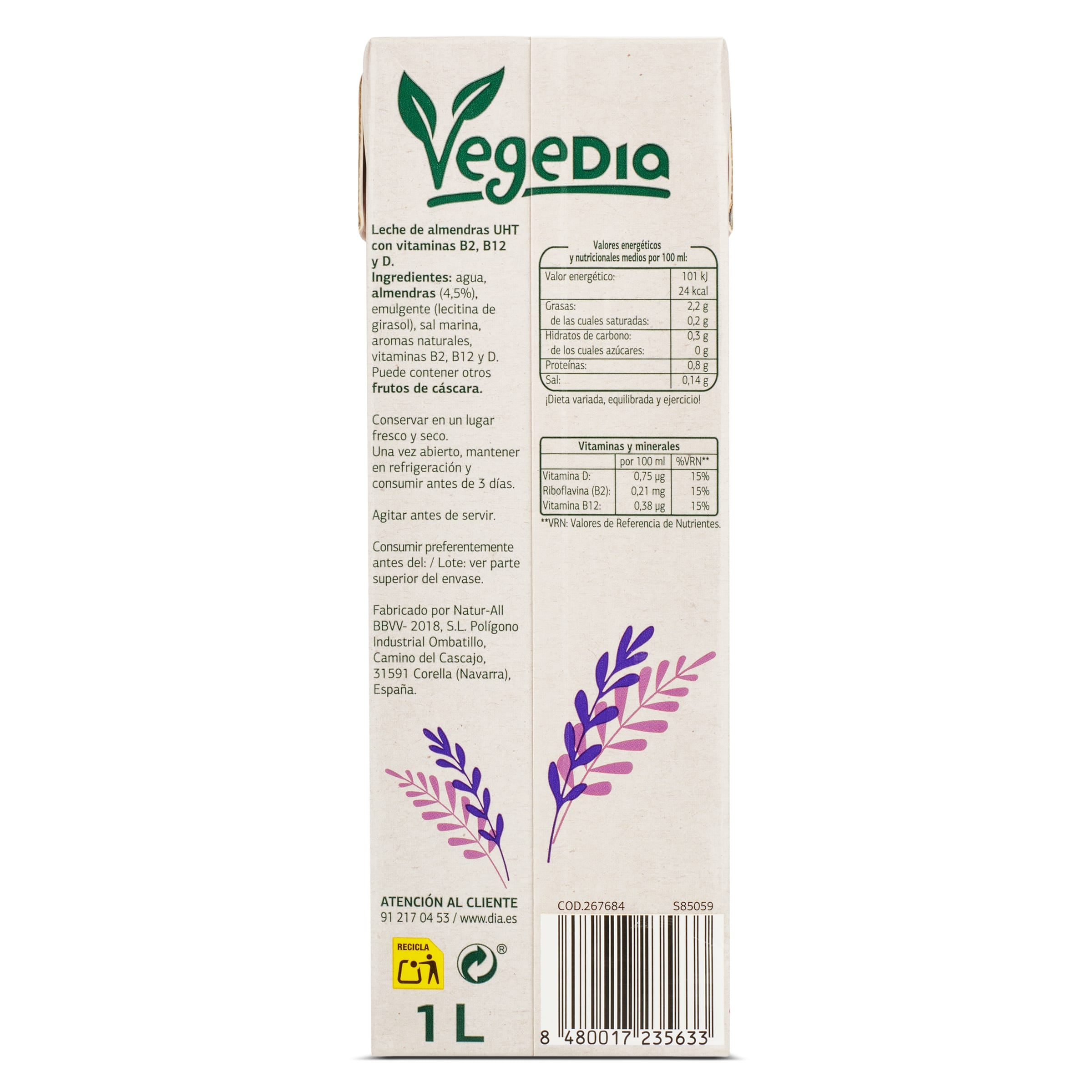 Bebida de almendras 0% azúcares Dia Vegedia 1 L