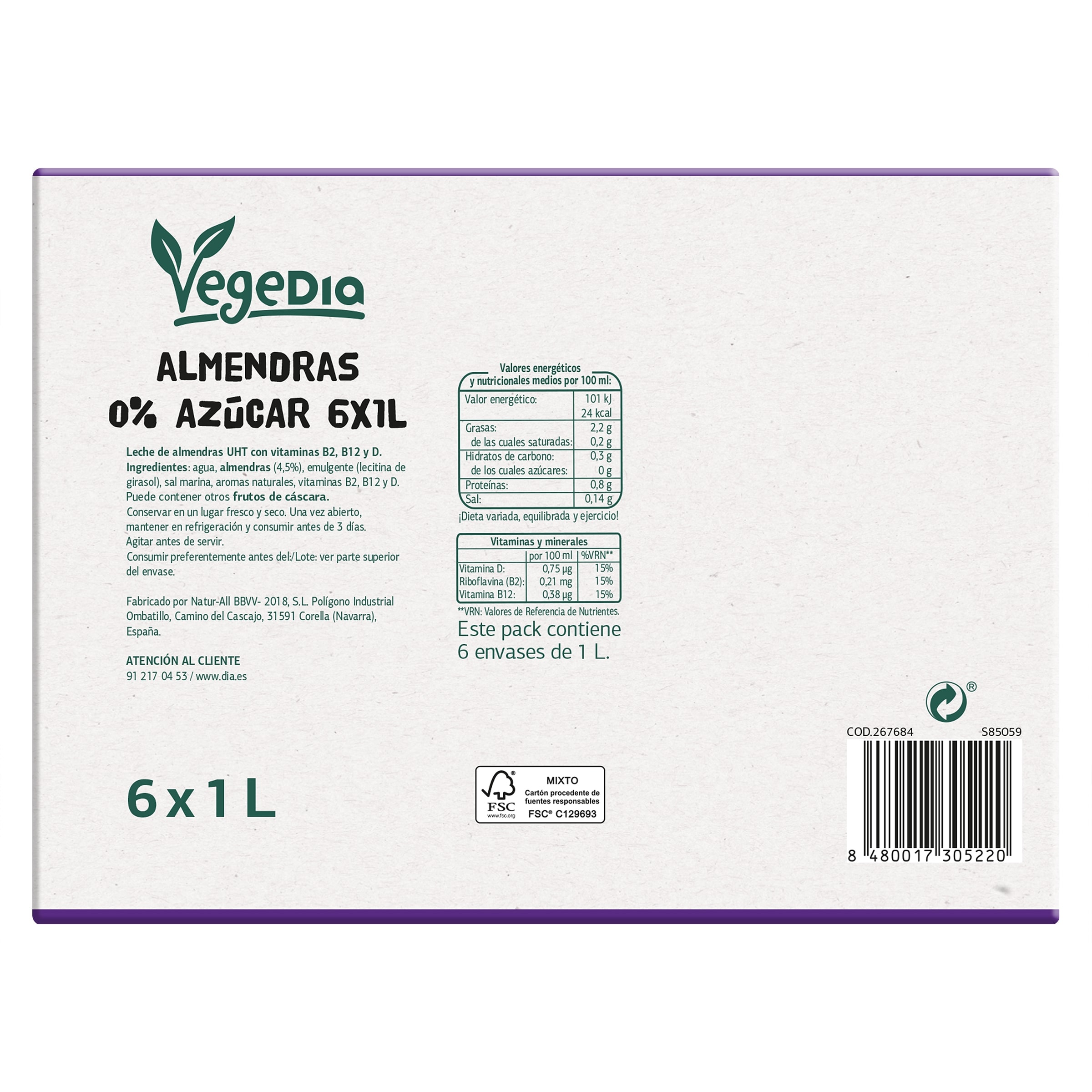 Bebida de almendras 0% azúcares Dia Vegedia pack 6 x 1 L