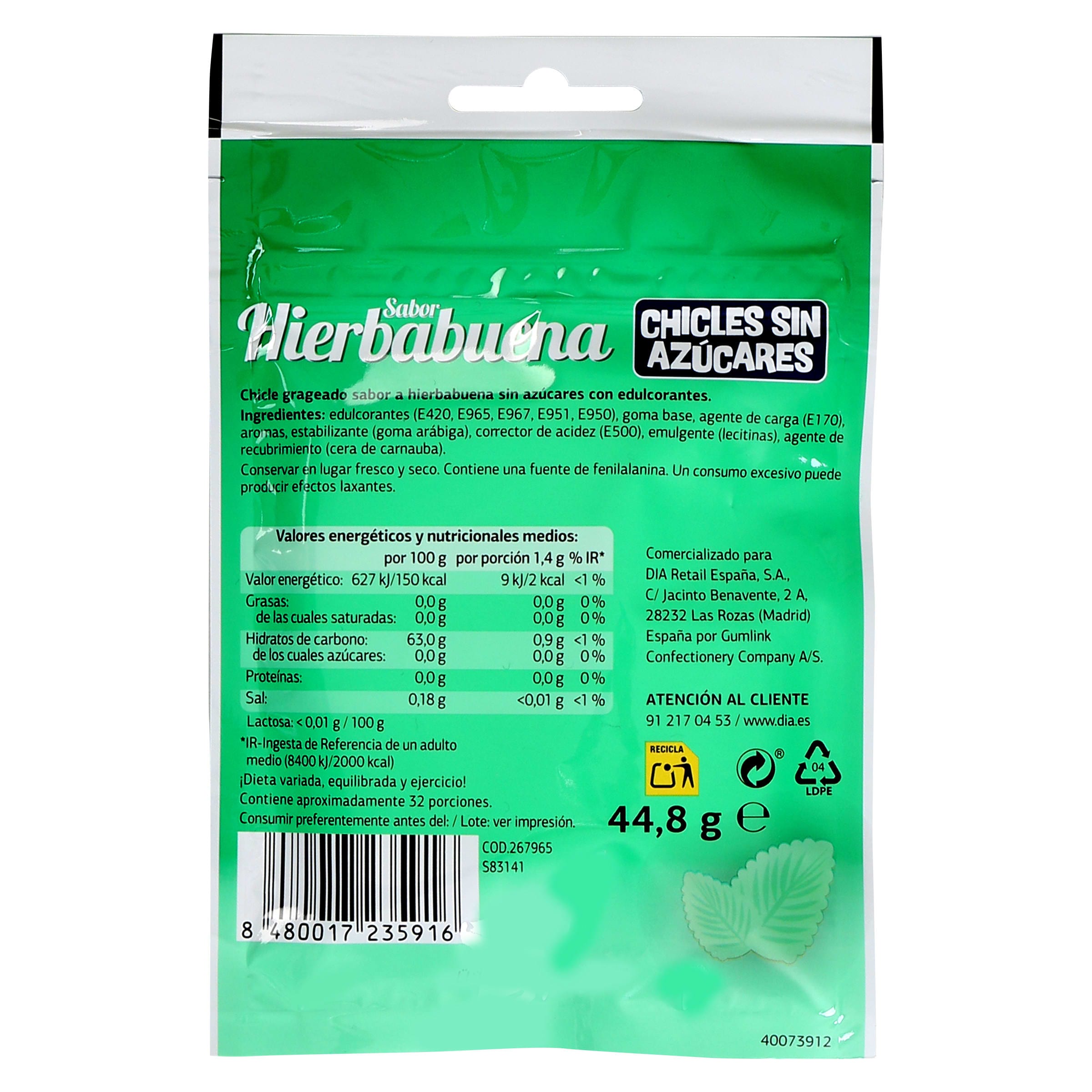 Chicles sabor hierbabuena sin azúcar Iceberg de Dia 44.8 g