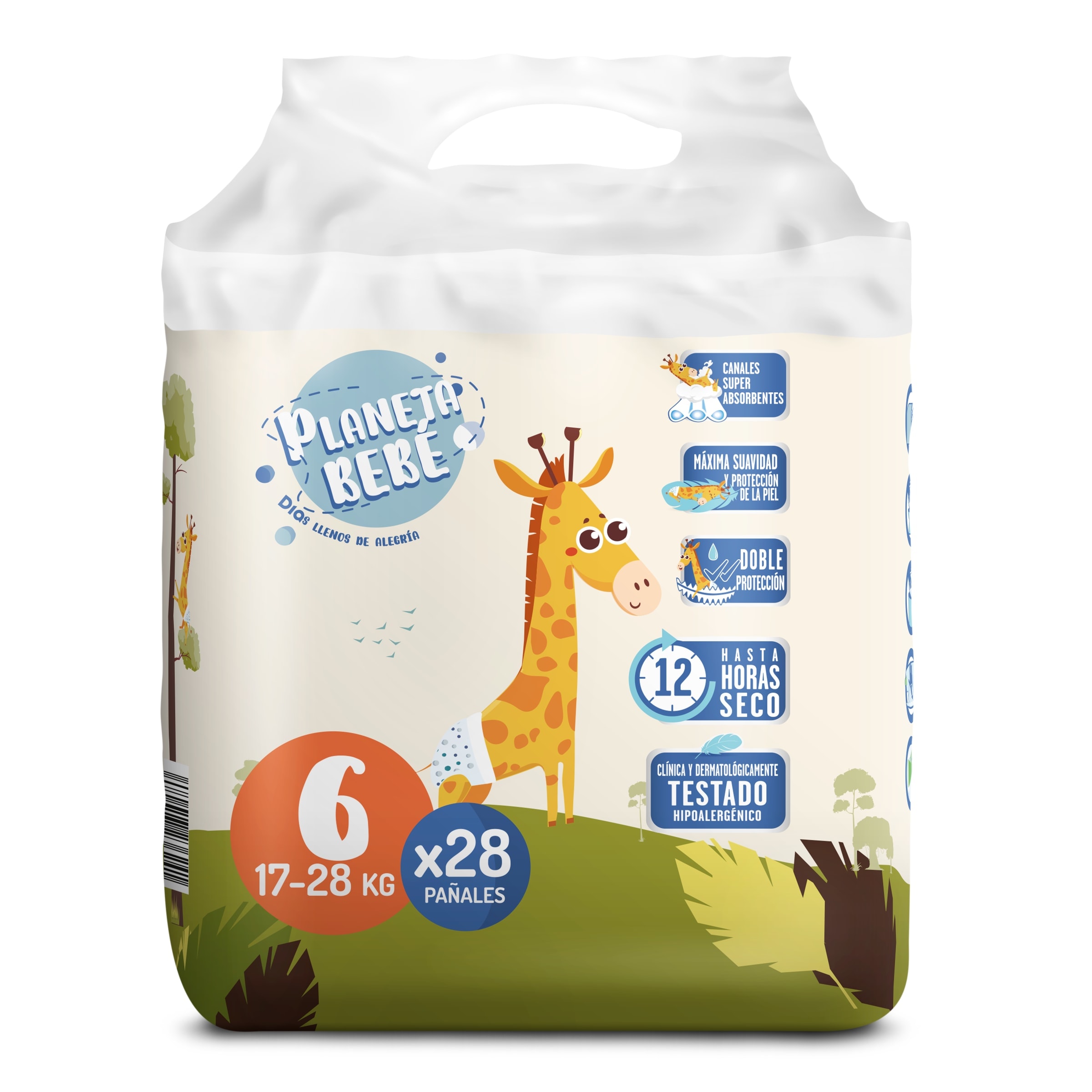 Pañales 17-28 kg talla 6 Dia Planeta Bebé 28 unidades