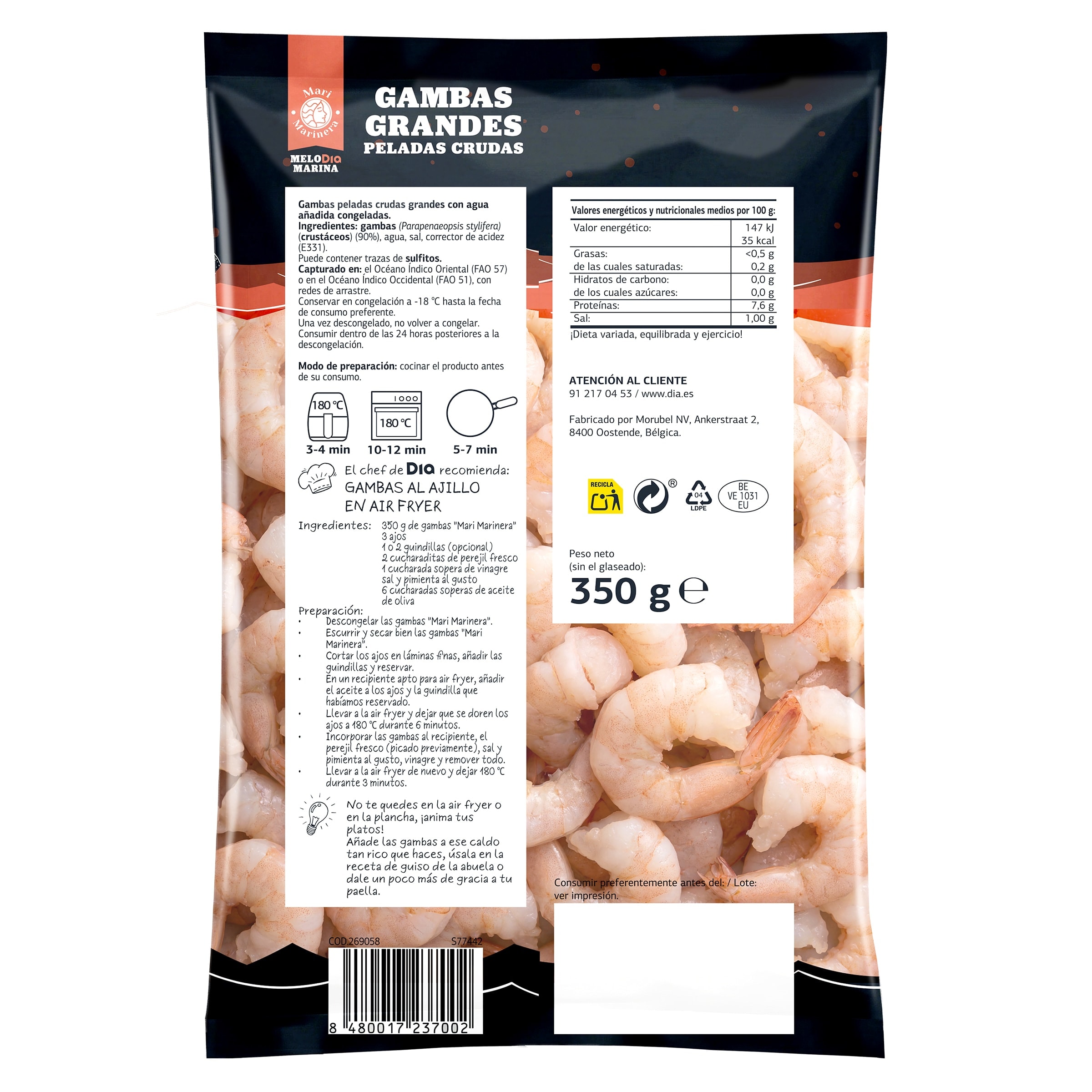 Gambas peladas y crudas grandes Dia Mari Marinera 350 g