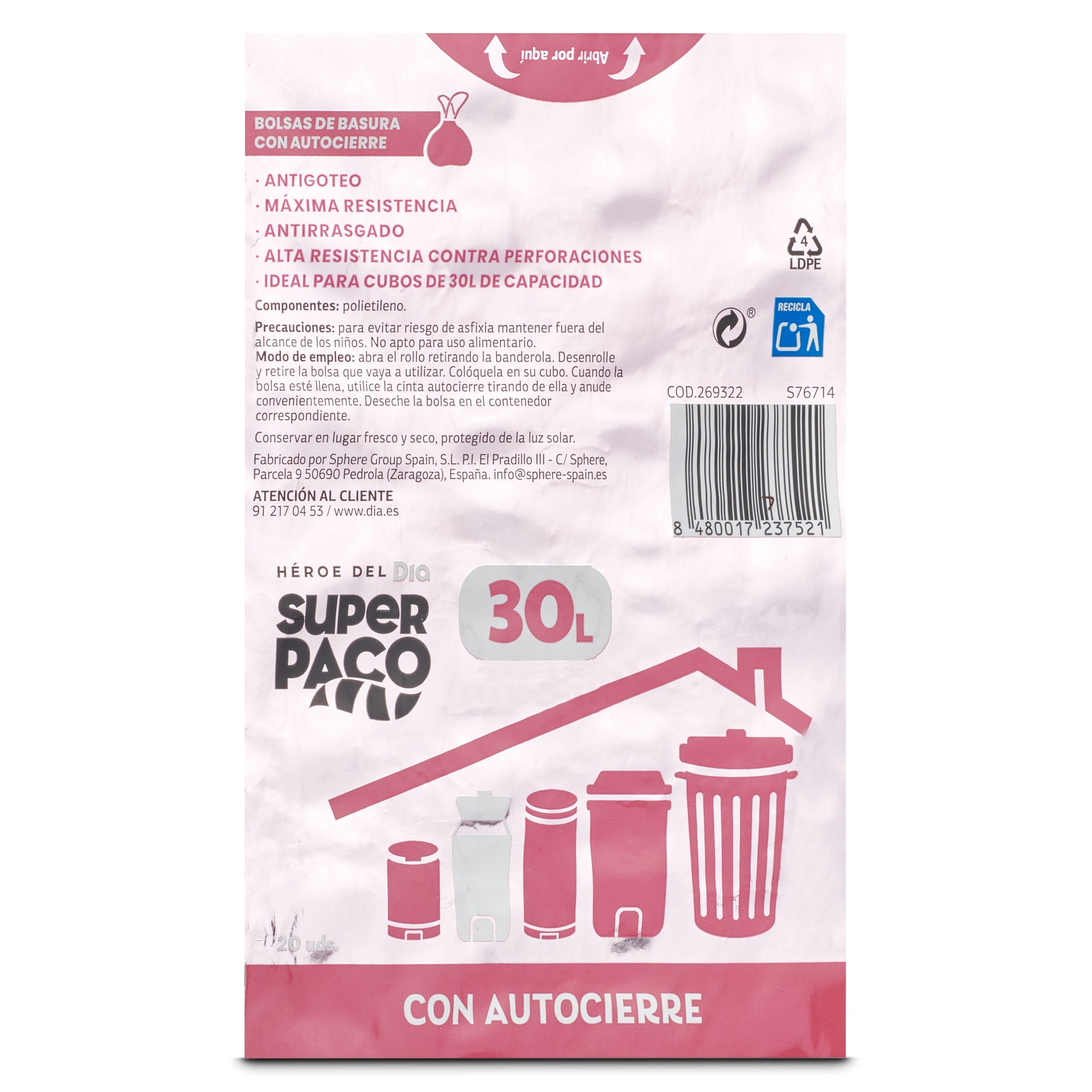 Bolsa de basura 30 L perfumada con autocierre Dia Super Paco 20 unidades