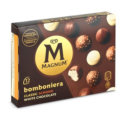 Bombones de helado de vainilla recubierto de chocolate, chocolate almendrado y chocolate blanco Magnum caja 104 g-0 Bombones de helado de vainilla recubierto de chocolate, chocolate almendrado y chocolate blanco Magnum caja 104 g-0