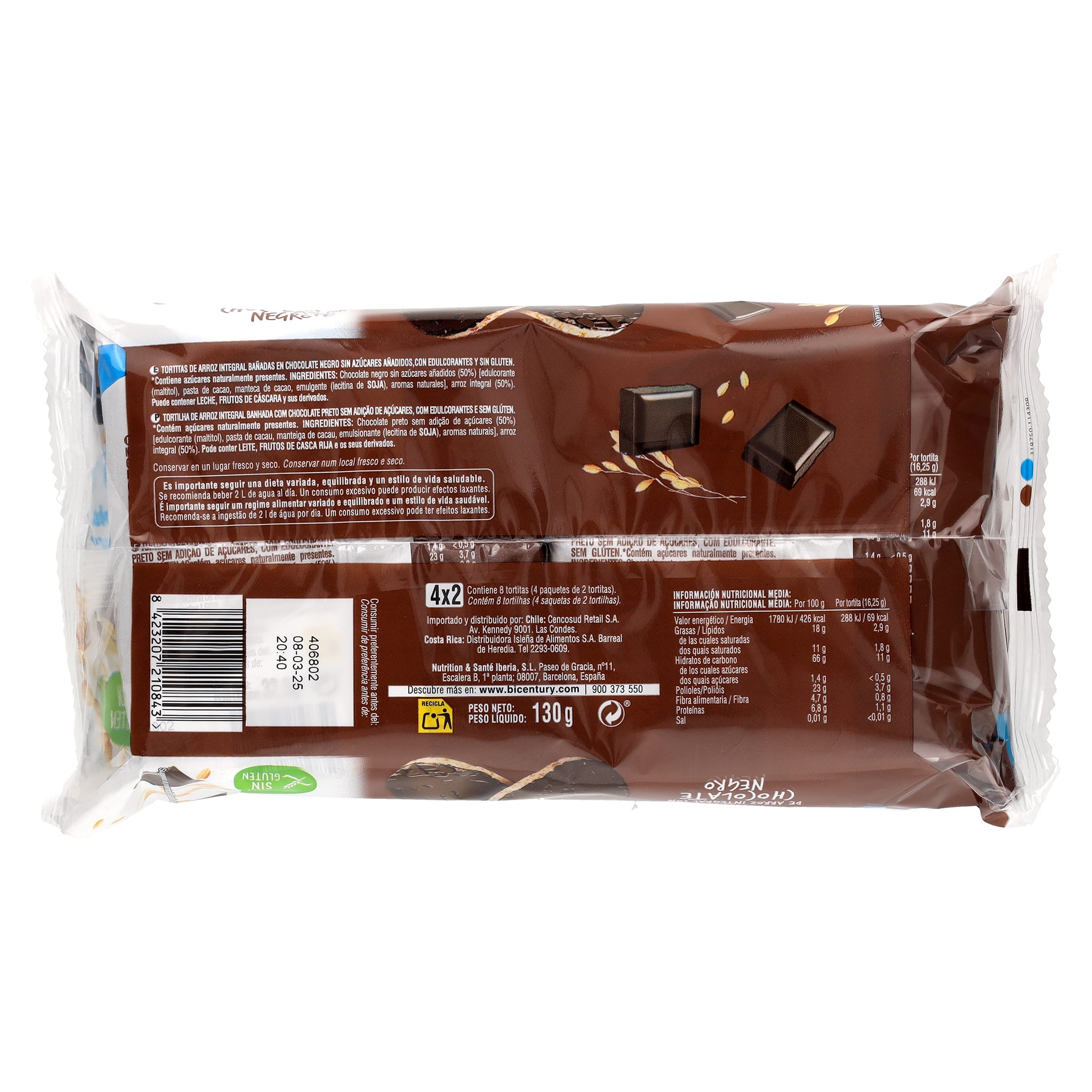 Tortitas de arroz integral con chocolate negro 0% azúcares Bicentury 130 g