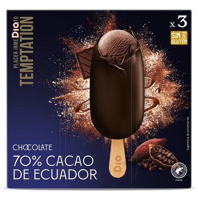 Helado bombón de chocolate 70% cacao Ecuador 3 unidades TEMPTATION CAJA 201 GR-1 Helado bombón de chocolate 70% cacao Ecuador 3 unidades TEMPTATION CAJA 201 GR-1