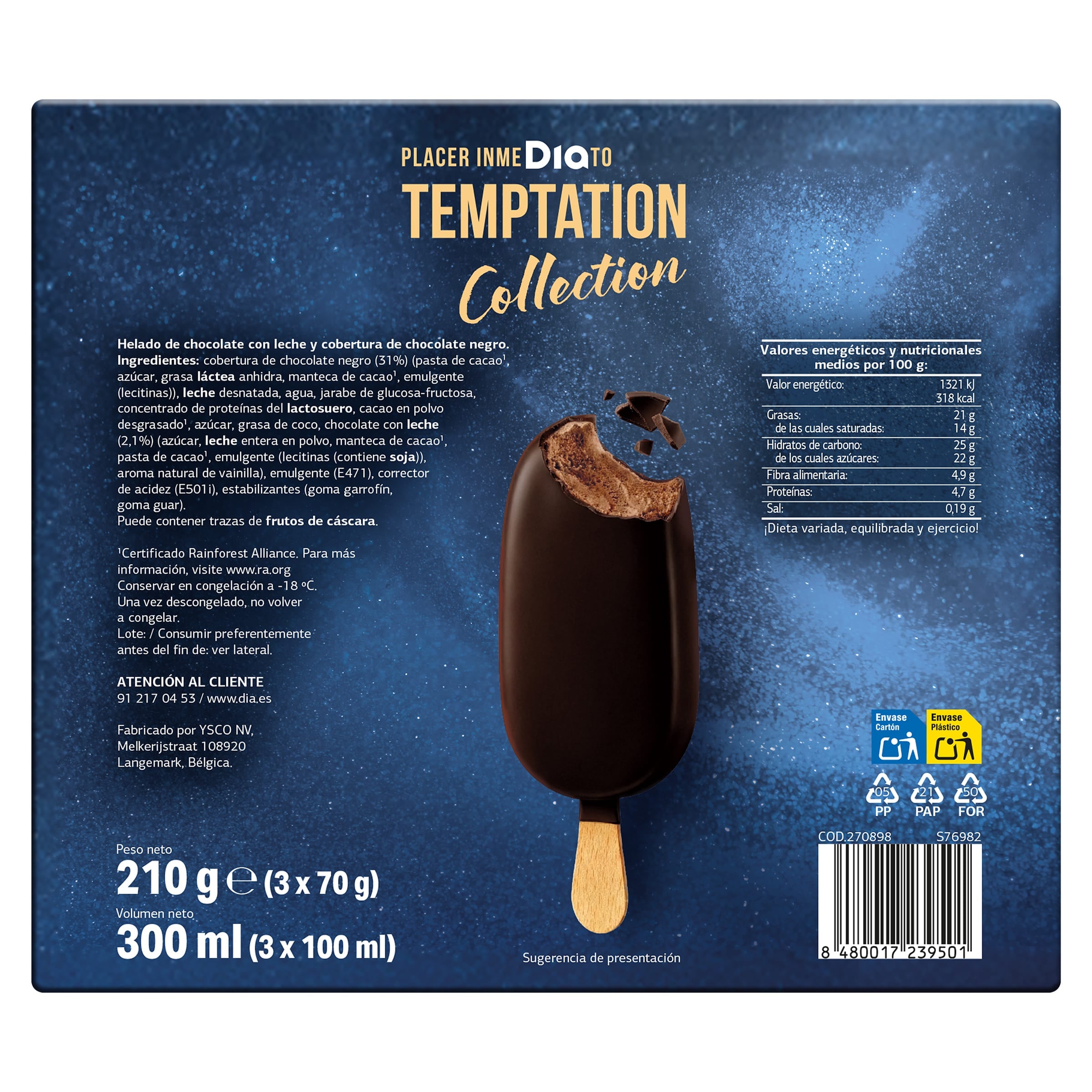 Helado bombón 70% cacao Dia Temptation 3 x 67 g