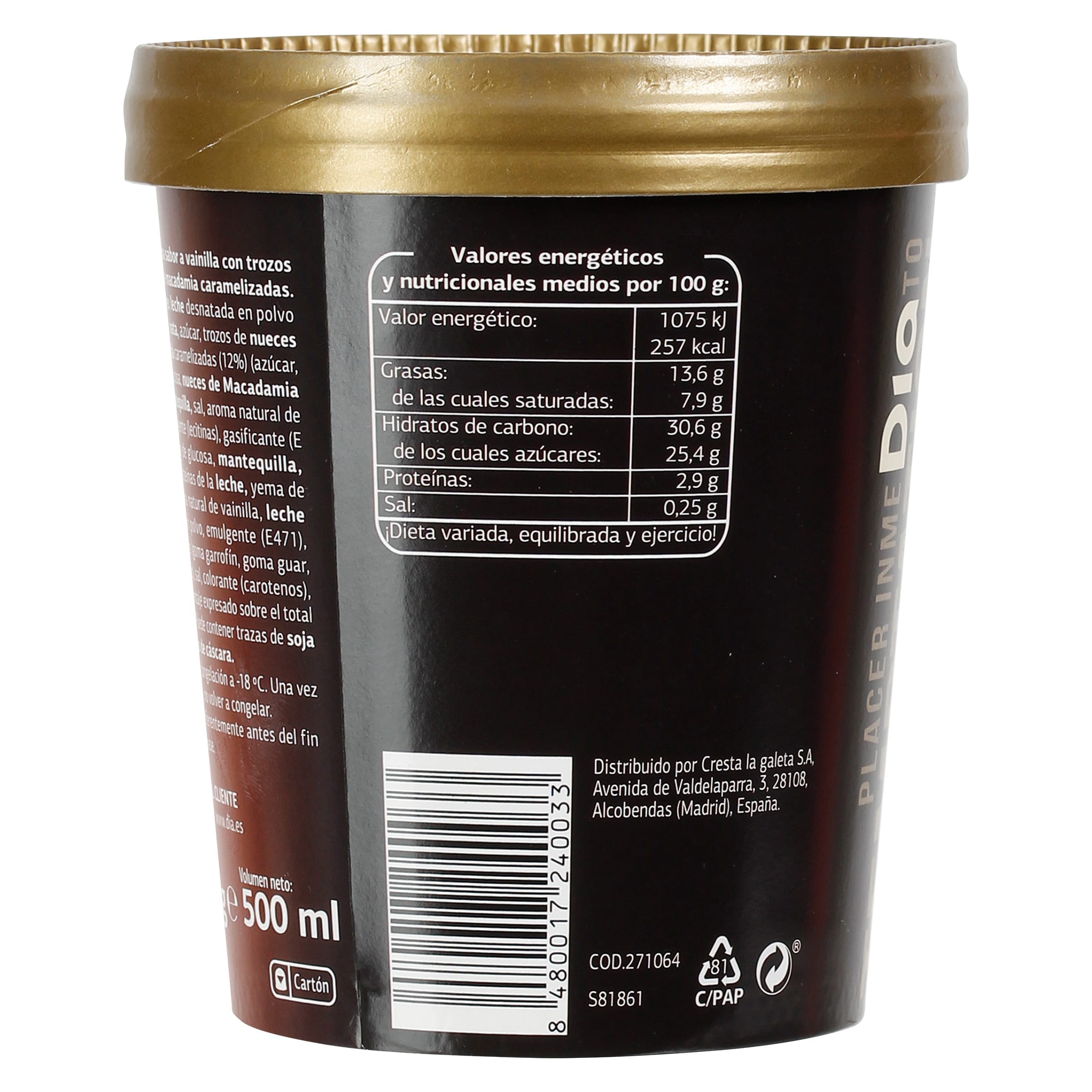 Tarrina de vainilla con nueces de macadamia Dia Temptation 350 g