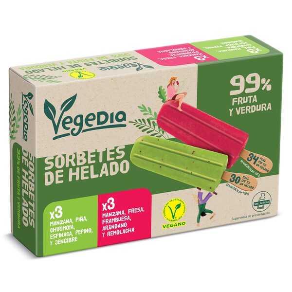 Helado De Sorbete De Frutas Y Verduras 6 Uds. Vegedia Caja 312 Gr.