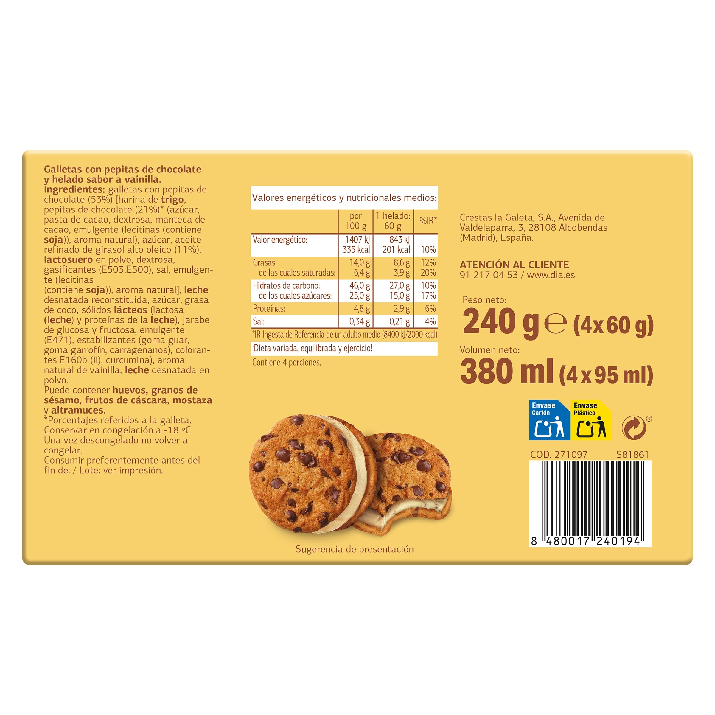 Sándwich cookie y vainilla Dia Temptation 4 x 60 g