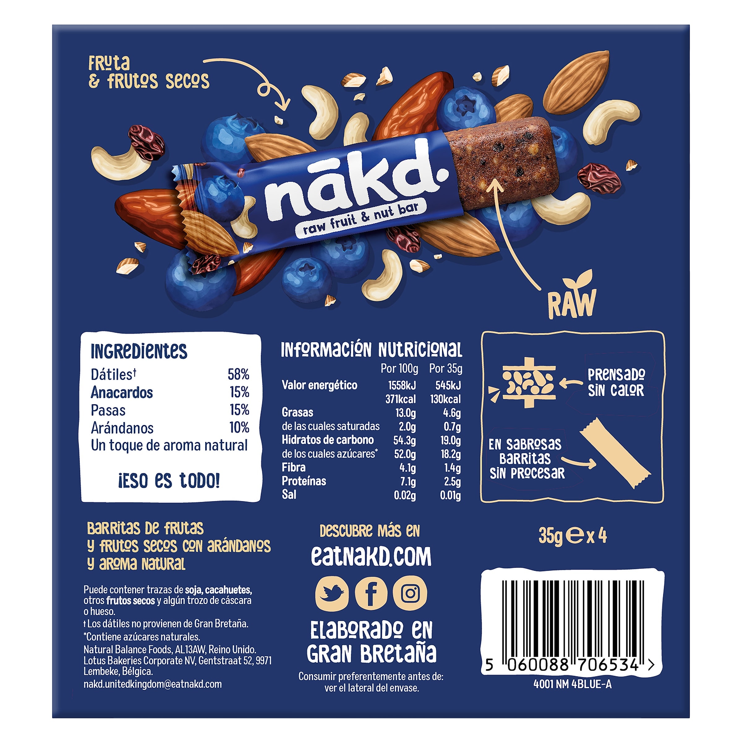 Barritas de fruta con frutos secos y arándanos Nakd 140 g