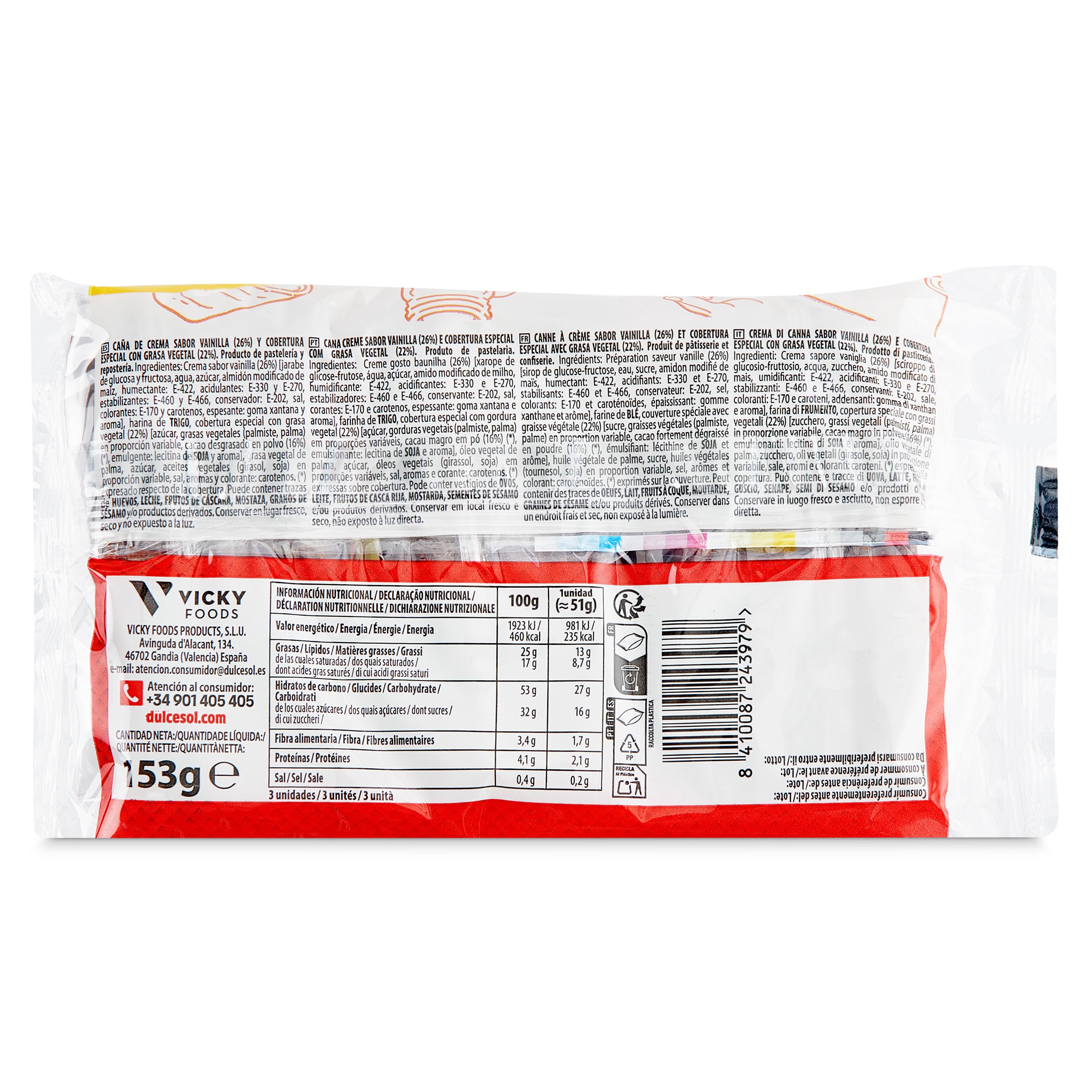Caña rellena de crema bañada en cacao Dulcesol 153 g