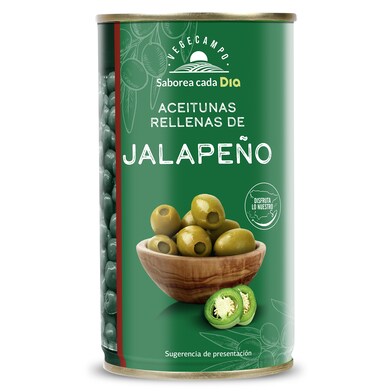 Aceitunas rellenas de jalapeño Vegecampo de Dia lata 150 g-0 Aceitunas rellenas de jalapeño Vegecampo de Dia lata 150 g-0